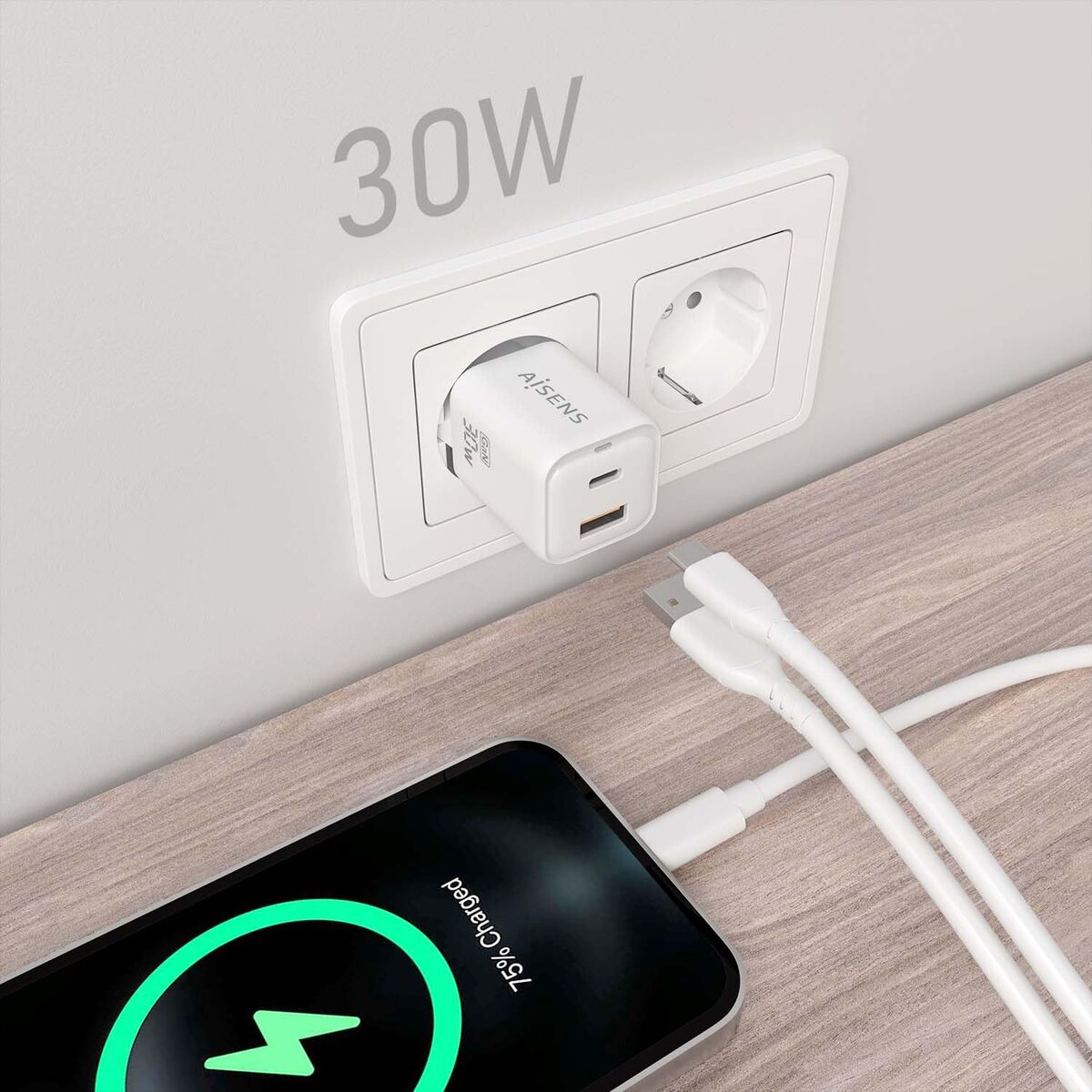 Wall Charger Aisens ASCH-30W2P020-W White Multicolour 33 W