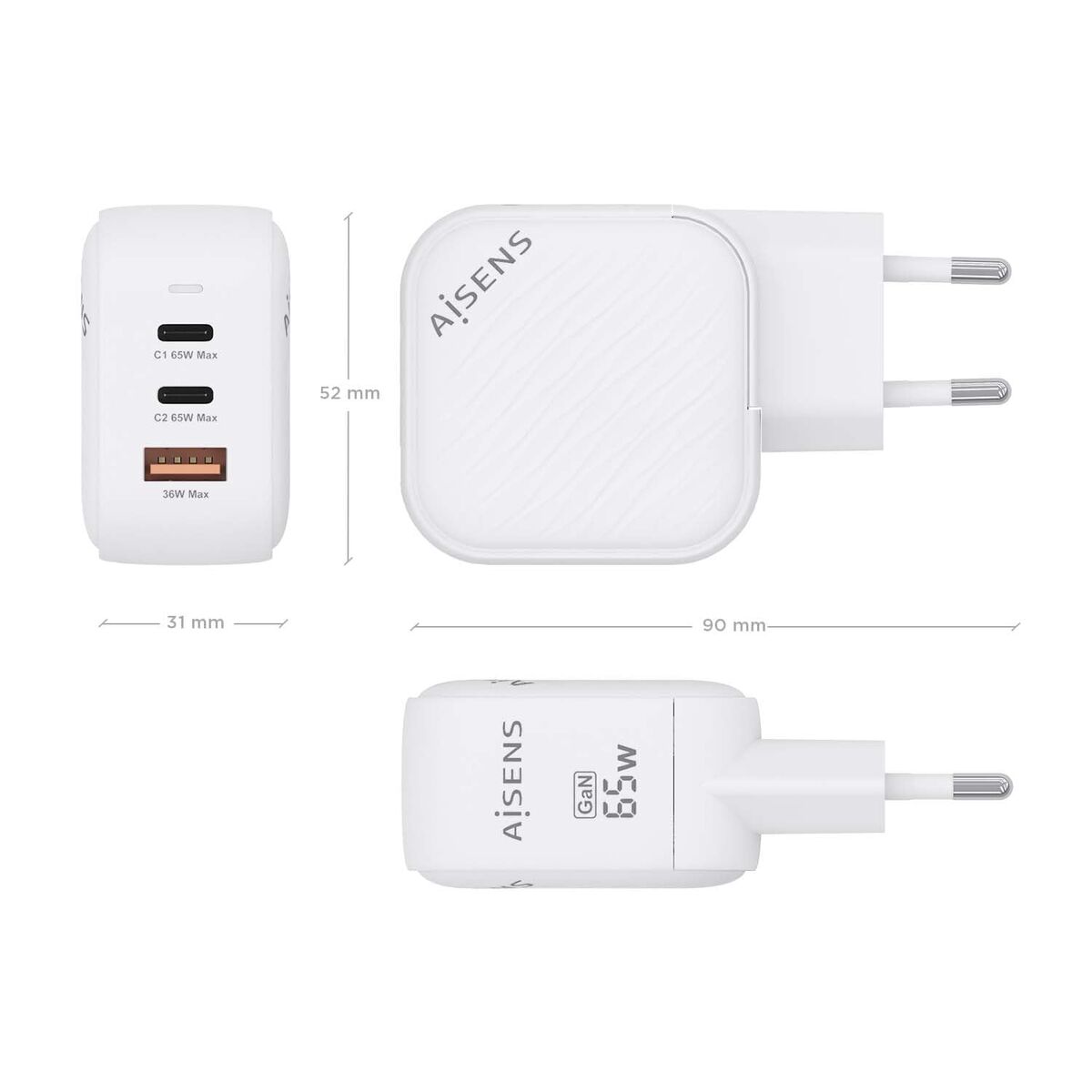 Wall Charger Aisens ASCH-65W3P026-W White Multicolour 65 W