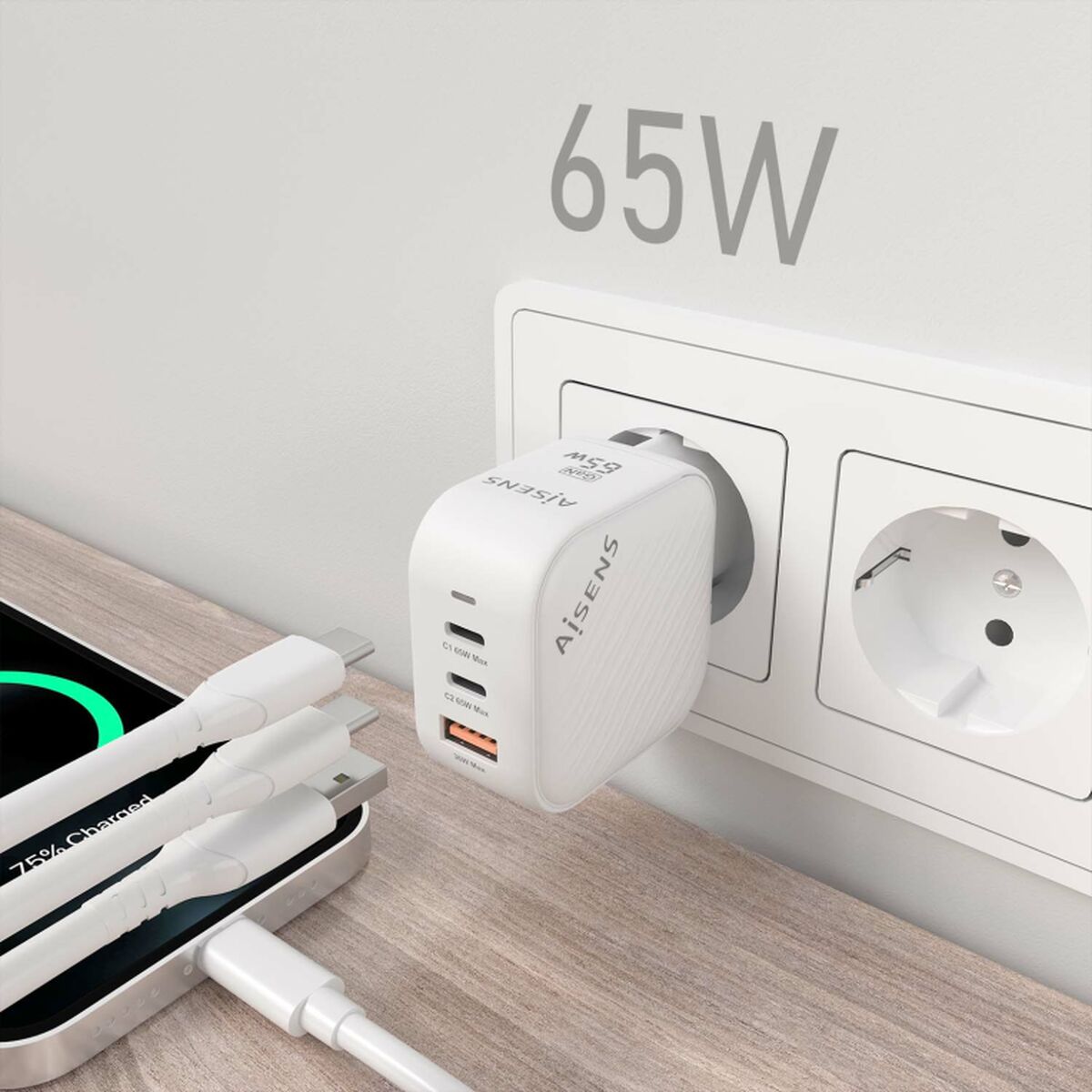 Wall Charger Aisens ASCH-65W3P026-W White Multicolour 65 W