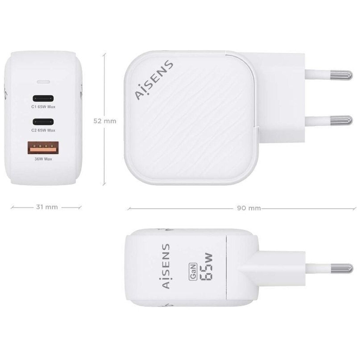 Wall Charger Aisens ASCH-65W3P026-W White Multicolour 65 W