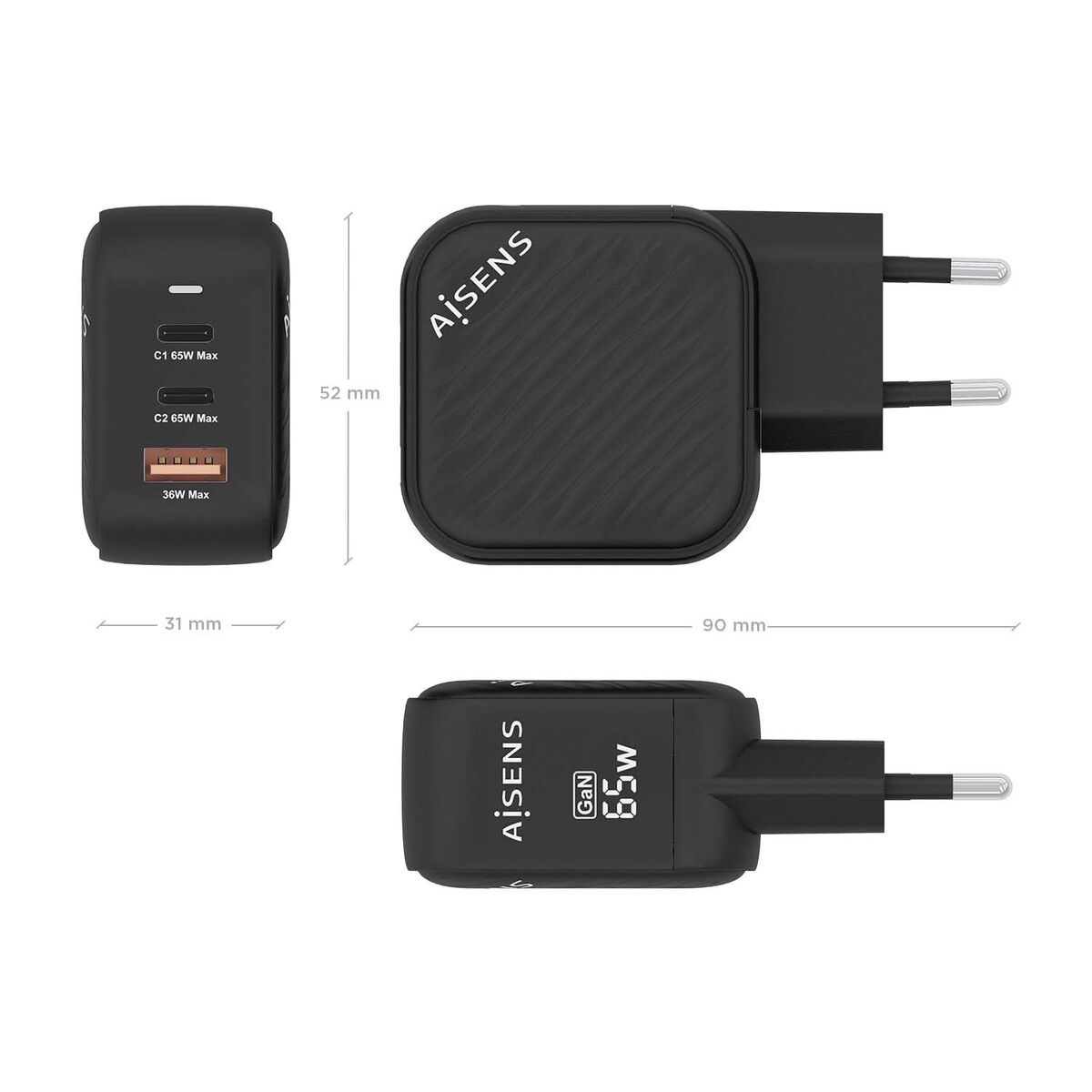 Wall Charger Aisens ASCH-65W3P027-BK Black Multicolour 65 W