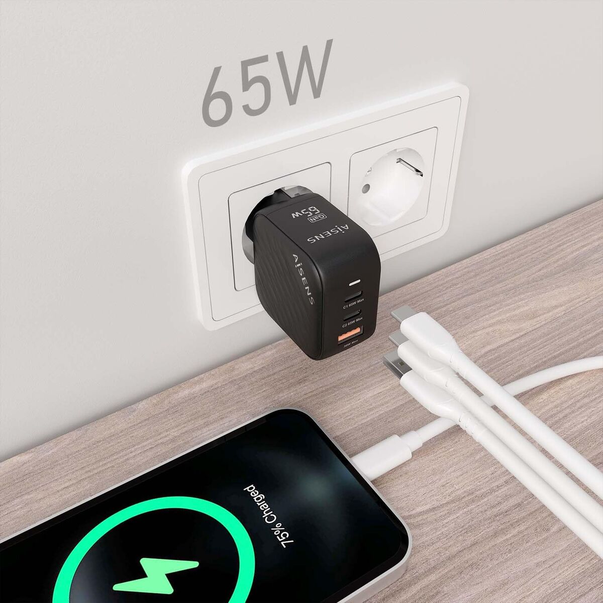 Wall Charger Aisens ASCH-65W3P027-BK Black Multicolour 65 W