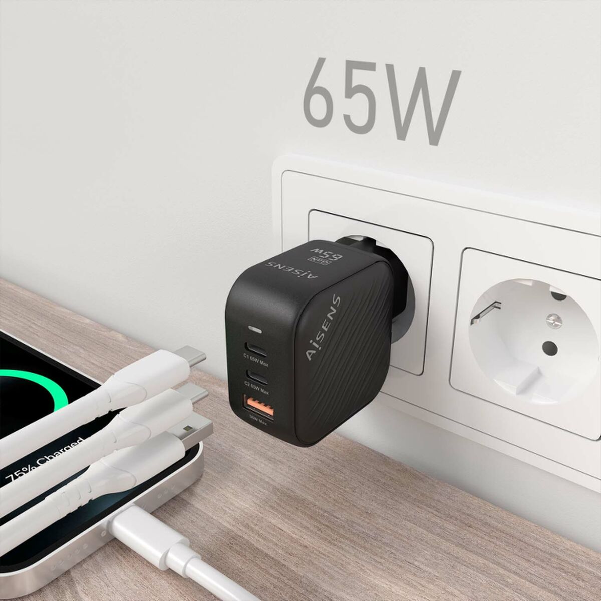 Wall Charger Aisens ASCH-65W3P027-BK Black Multicolour 65 W