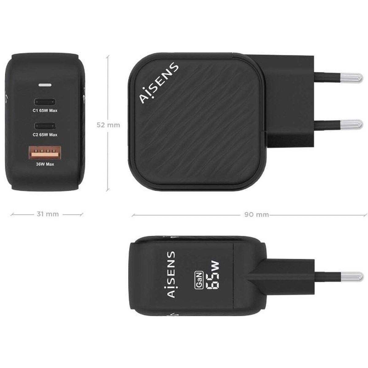 Wall Charger Aisens ASCH-65W3P027-BK Black Multicolour 65 W