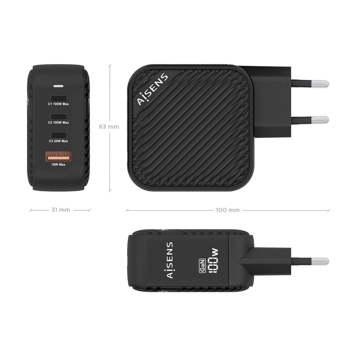 Wall Charger Aisens ASCH-100W4P029-BK Black Multicolour 100 W