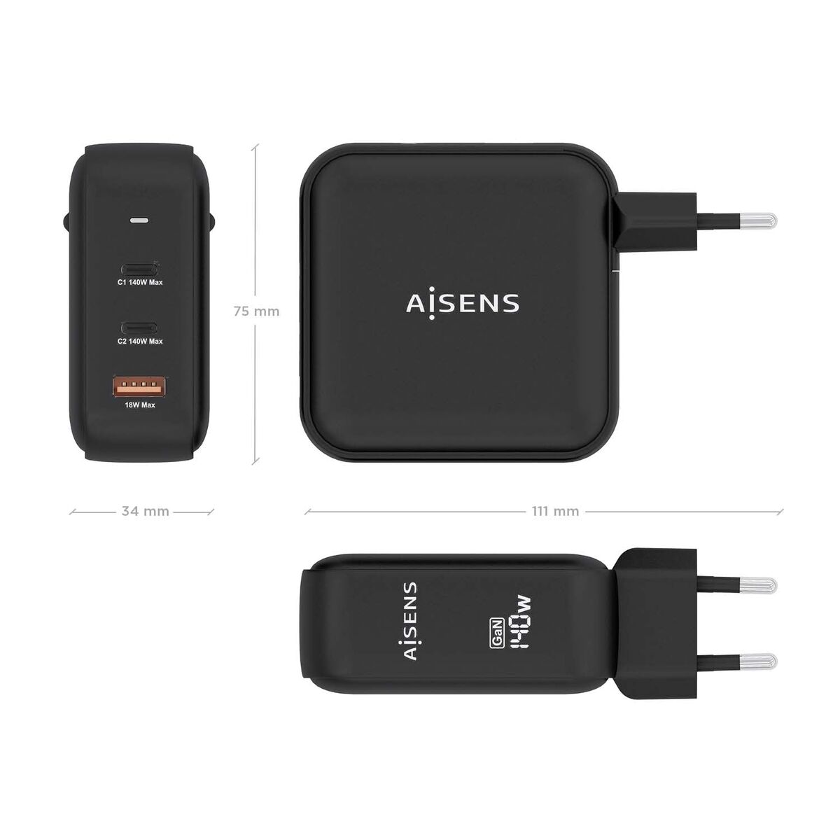 Sieninis įkroviklis Aisens ASCH-140W3P031-BK Juoda Spalvotas 140 W