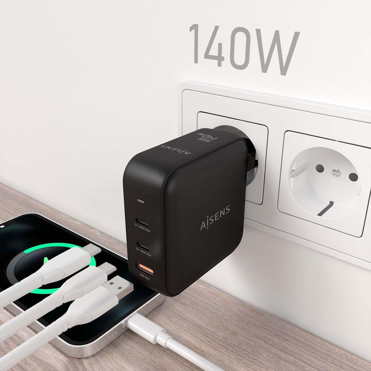Sieninis įkroviklis Aisens ASCH-140W3P031-BK Juoda Spalvotas 140 W