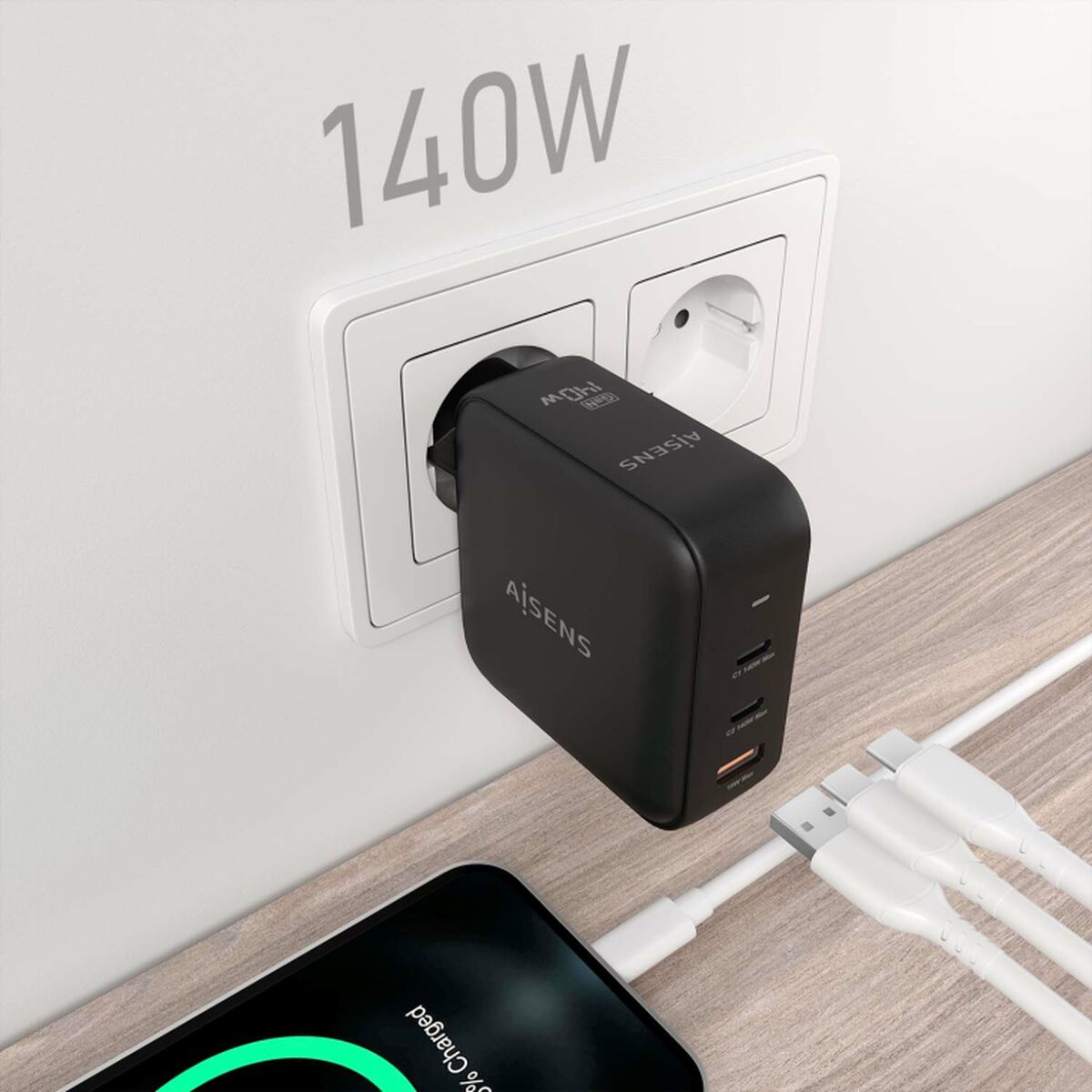 Sieninis įkroviklis Aisens ASCH-140W3P031-BK Juoda Spalvotas 140 W