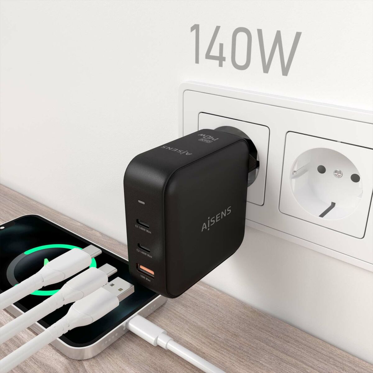 Sieninis įkroviklis Aisens ASCH-140W3P031-BK Juoda Spalvotas 140 W