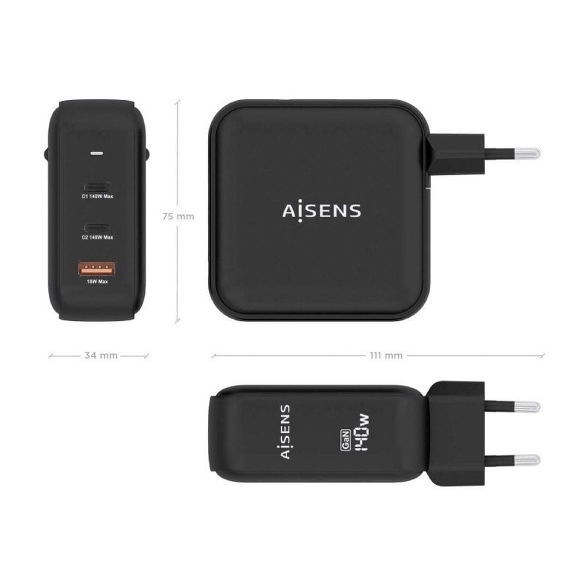 Sieninis įkroviklis Aisens ASCH-140W3P031-BK Juoda Spalvotas 140 W