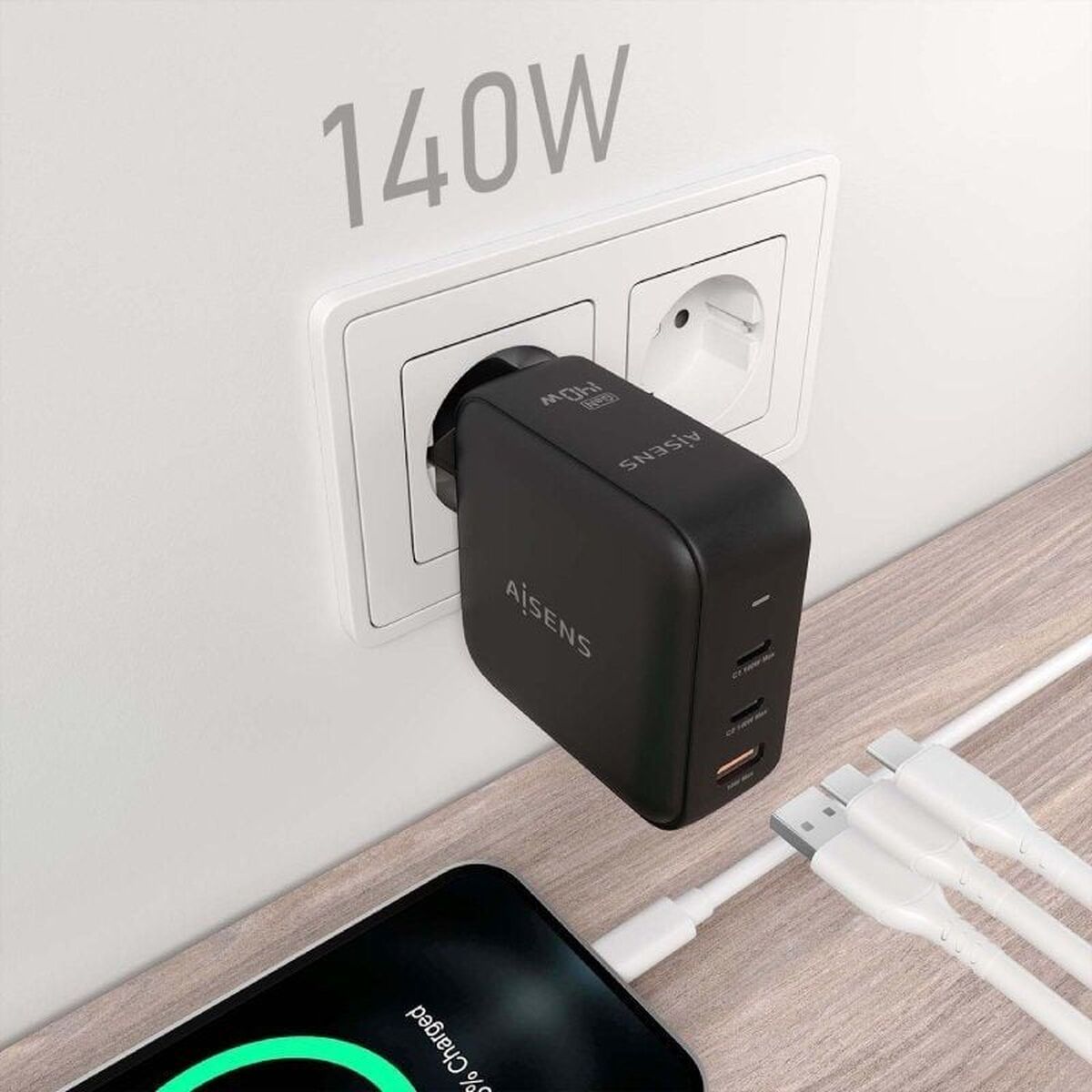 Sieninis įkroviklis Aisens ASCH-140W3P031-BK Juoda Spalvotas 140 W