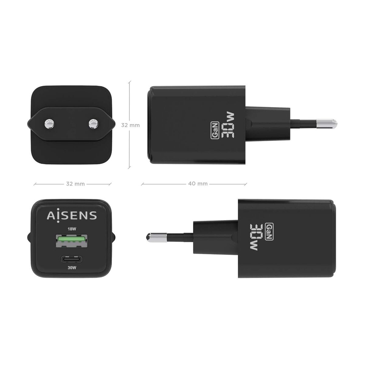Picture of Wall Charger Aisens ASCH-30W2P038-BK Black Multicolour 33 W