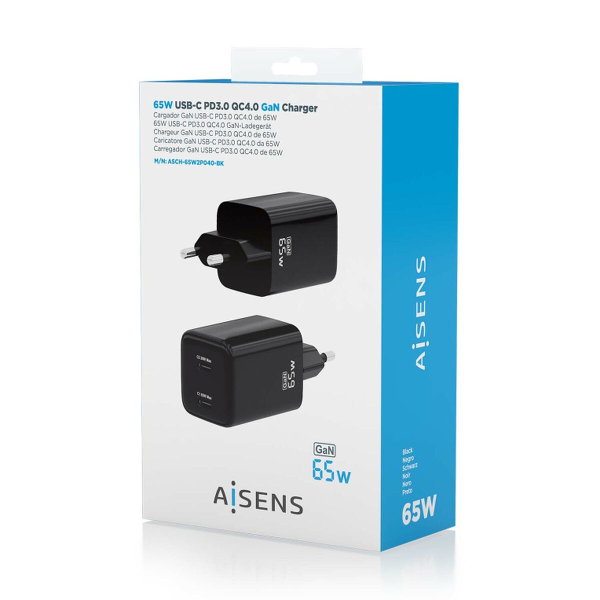 Wall Charger Aisens ASCH-65W2P040-BK Black Multicolour 65 W