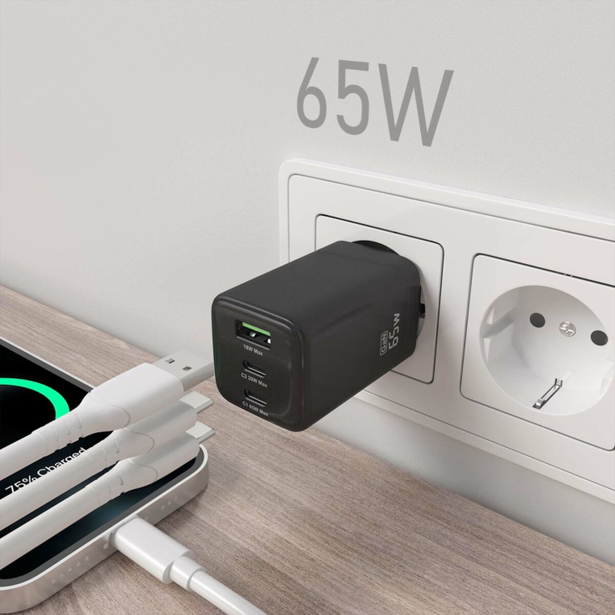 Wall Charger Aisens ASCH-65W3P042-BK Black Multicolour 65 W