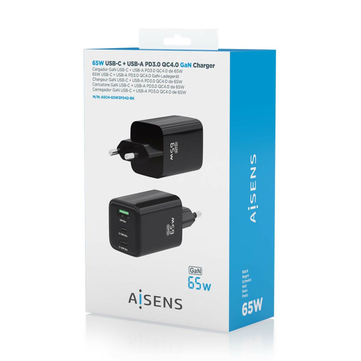 Wall Charger Aisens ASCH-65W3P042-BK Black Multicolour 65 W