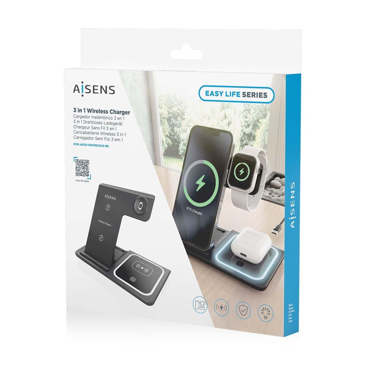 Wall Charger Aisens ASCH-15W3WC043-BK 3-in-1