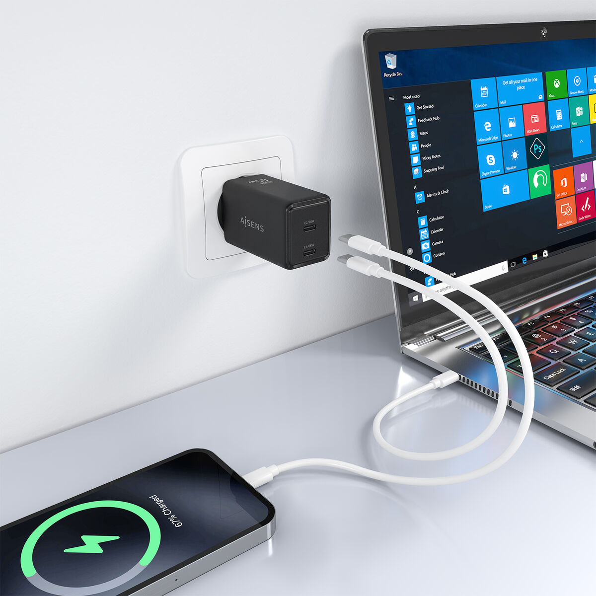 Bild von Wall Charger Aisens ASCH-65W2P079-BK Black 65 W