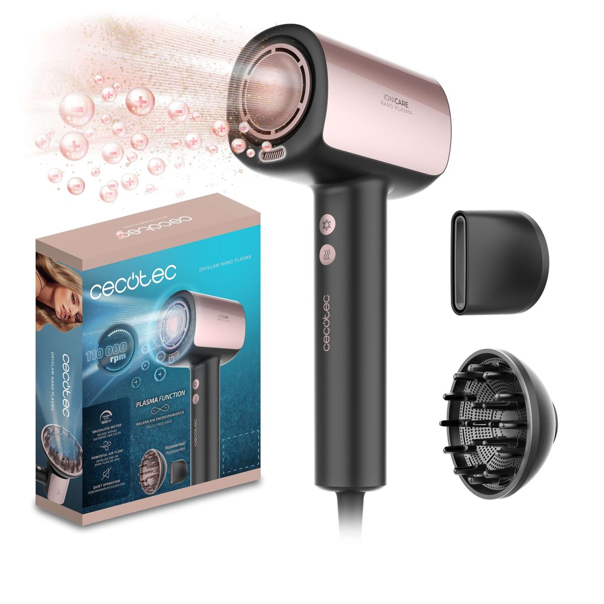 Cecotec Secador de Pelo DryGlam Nano Plasma 1600W Ionizador Silencioso Negro Brushless