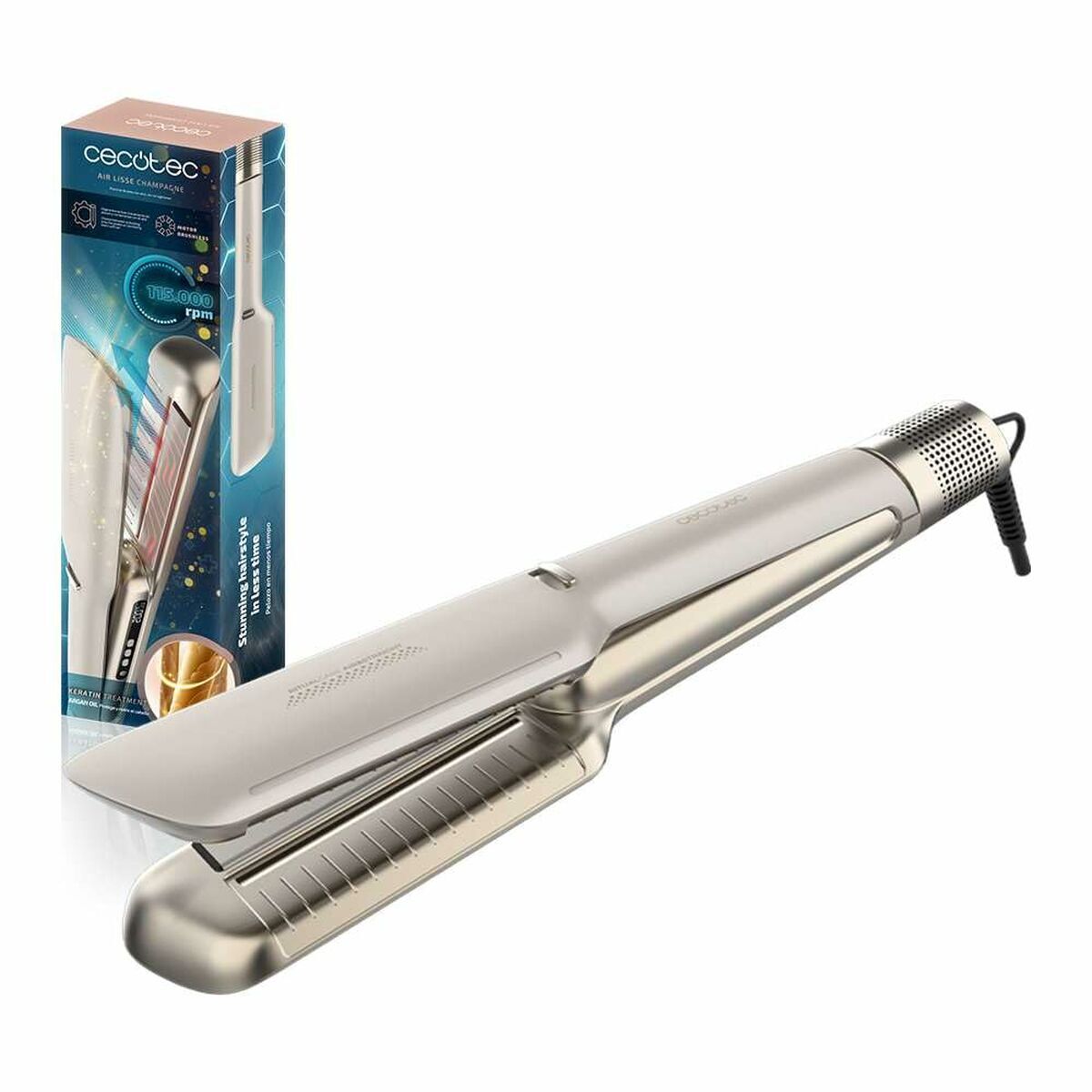 Cecotec Plancha de Pelo Air Lisse Champagne 45W Ionic Keratina Pantalla Apagado Auto