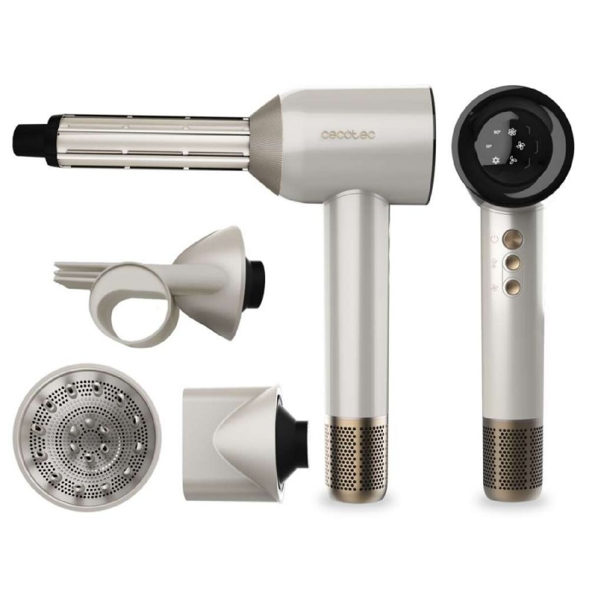 Cecotec Secador de Pelo DryGlam Waves Champagne 1600W Plasma Coanda 4en1 Pantalla Digital