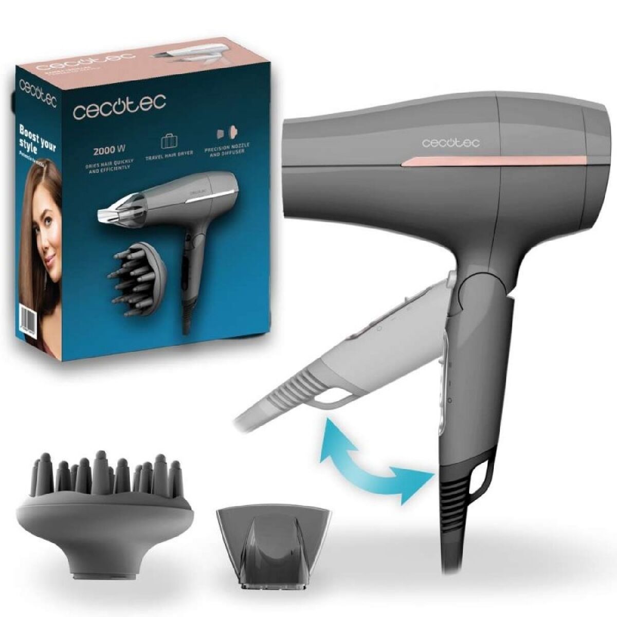 Cecotec Secador de Pelo IoniCare Power&Go Heaven 2000W Gris Difusor 2 Velocidades