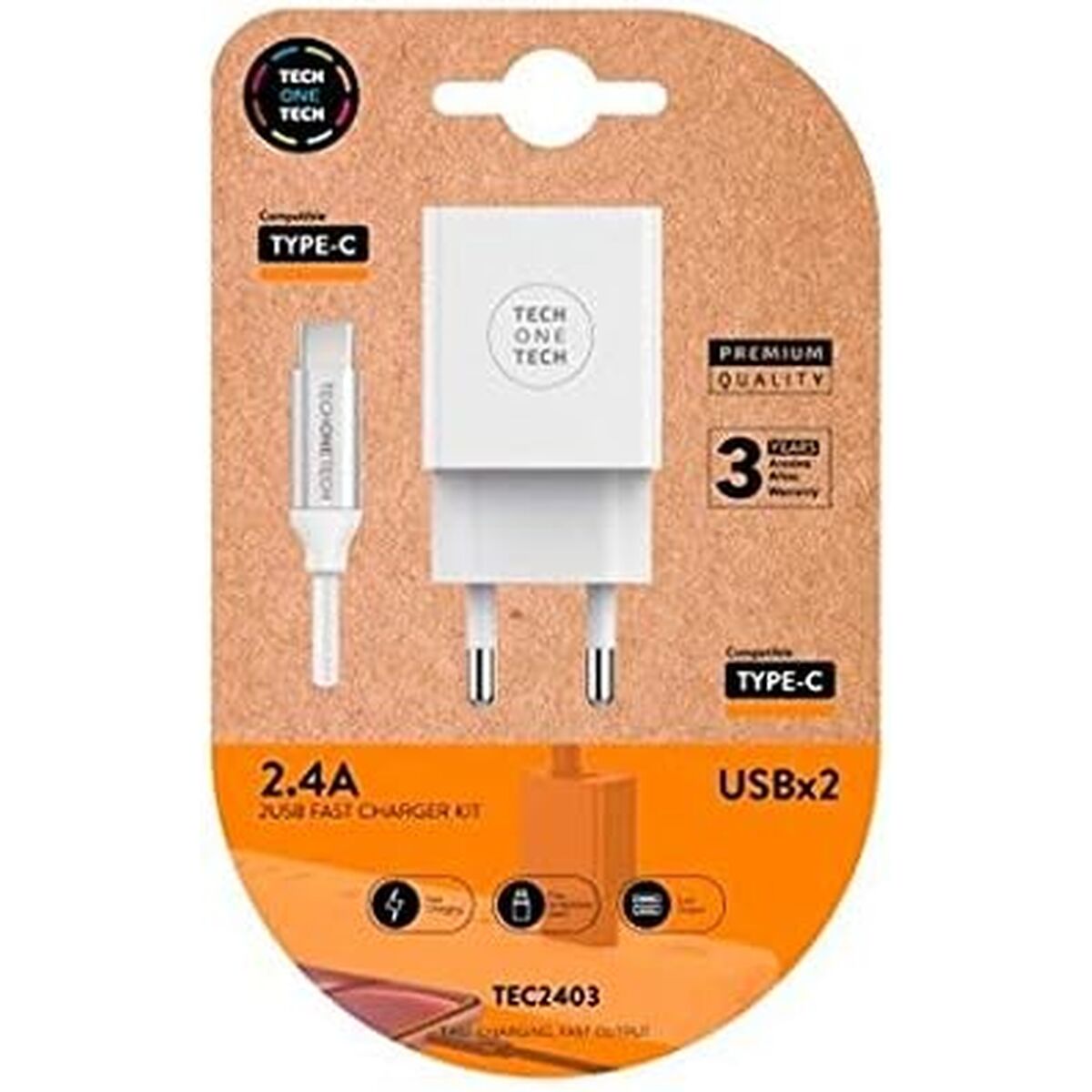Bild von Wall Charger + USB-C Cable Tech One Tech TEC2403 White 12 W Double