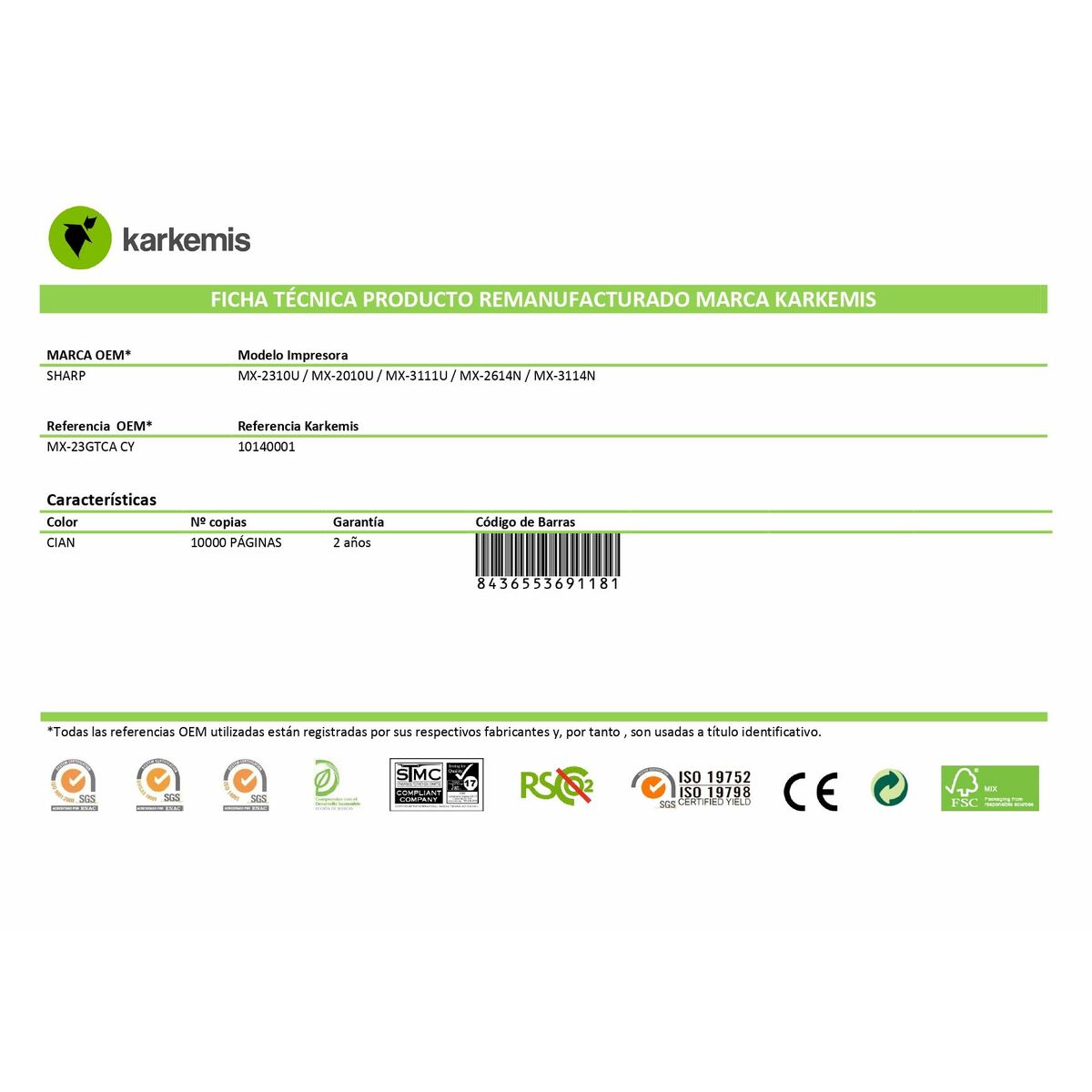 Image secondaire de Toner original Karkemis MX-23GTCA Cyan