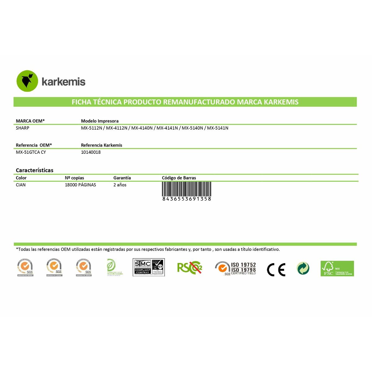 Image secondaire de Toner original Karkemis MX-51GTCA Cyan