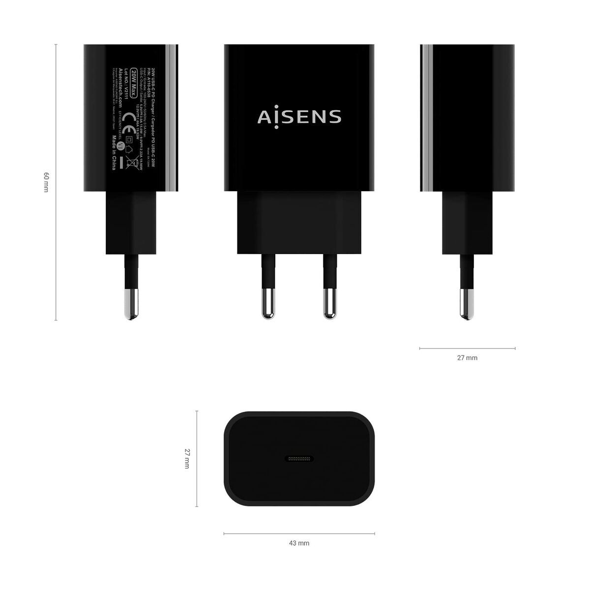 Bild von Wall Charger Aisens A110-0538 Black 50 W