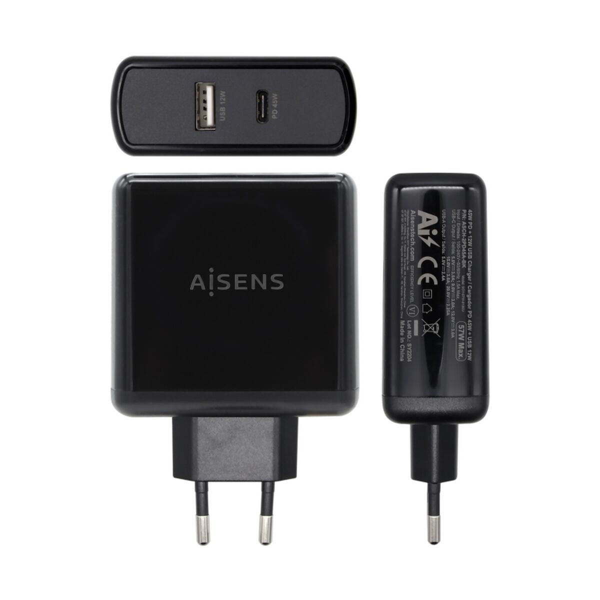 USB Wall Charger Aisens ASCH-2PD45A-BK 57 W Black