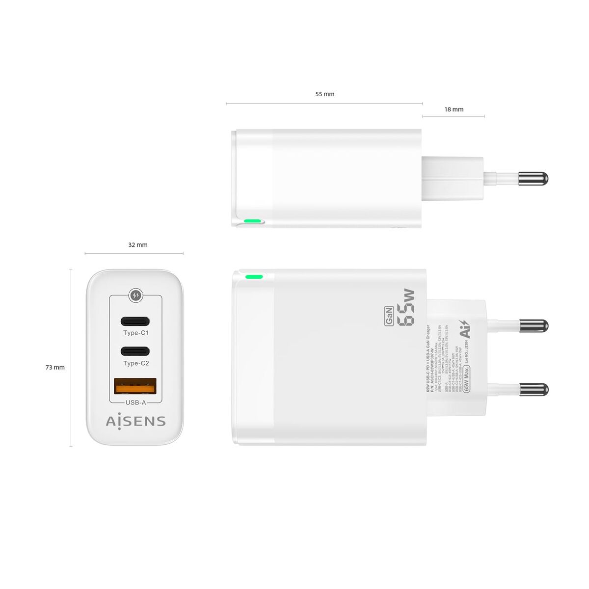 Bild von Wall Charger Aisens ASCH-65W3P007-W White 65 W