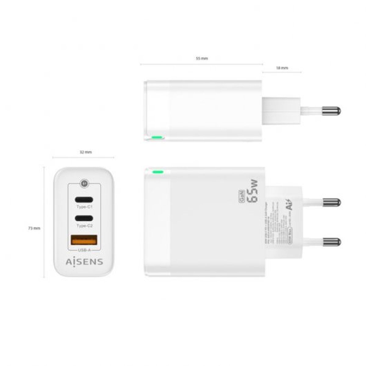 Wall Charger Aisens ASCH-65W3P007-W White 65 W