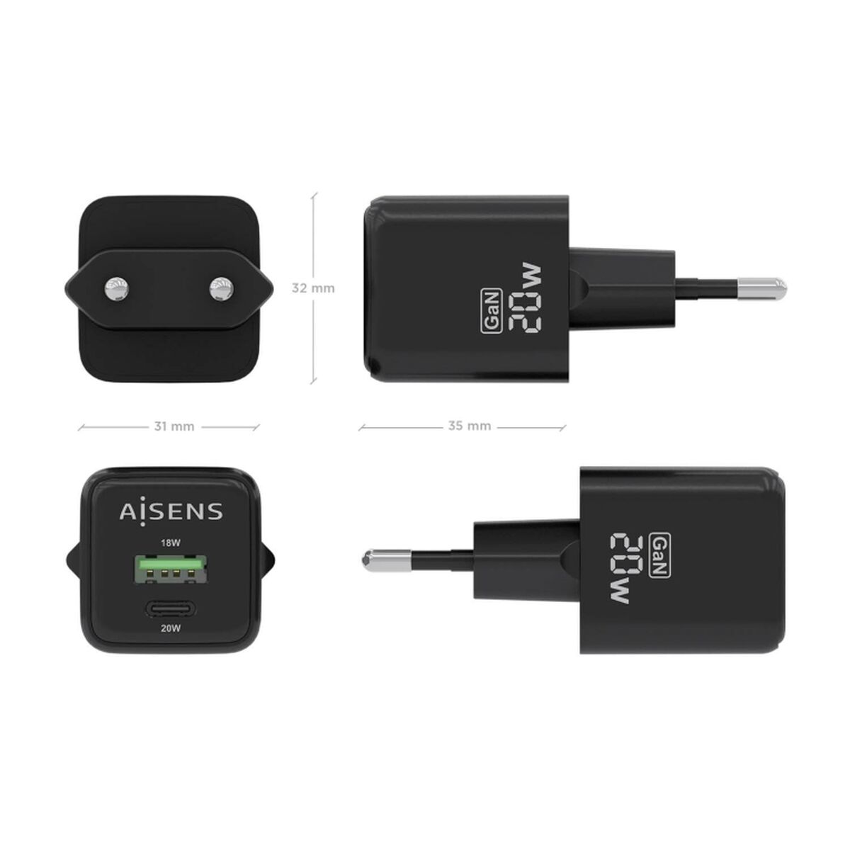 Wall Charger Aisens ASCH-20W2P011-BK Black