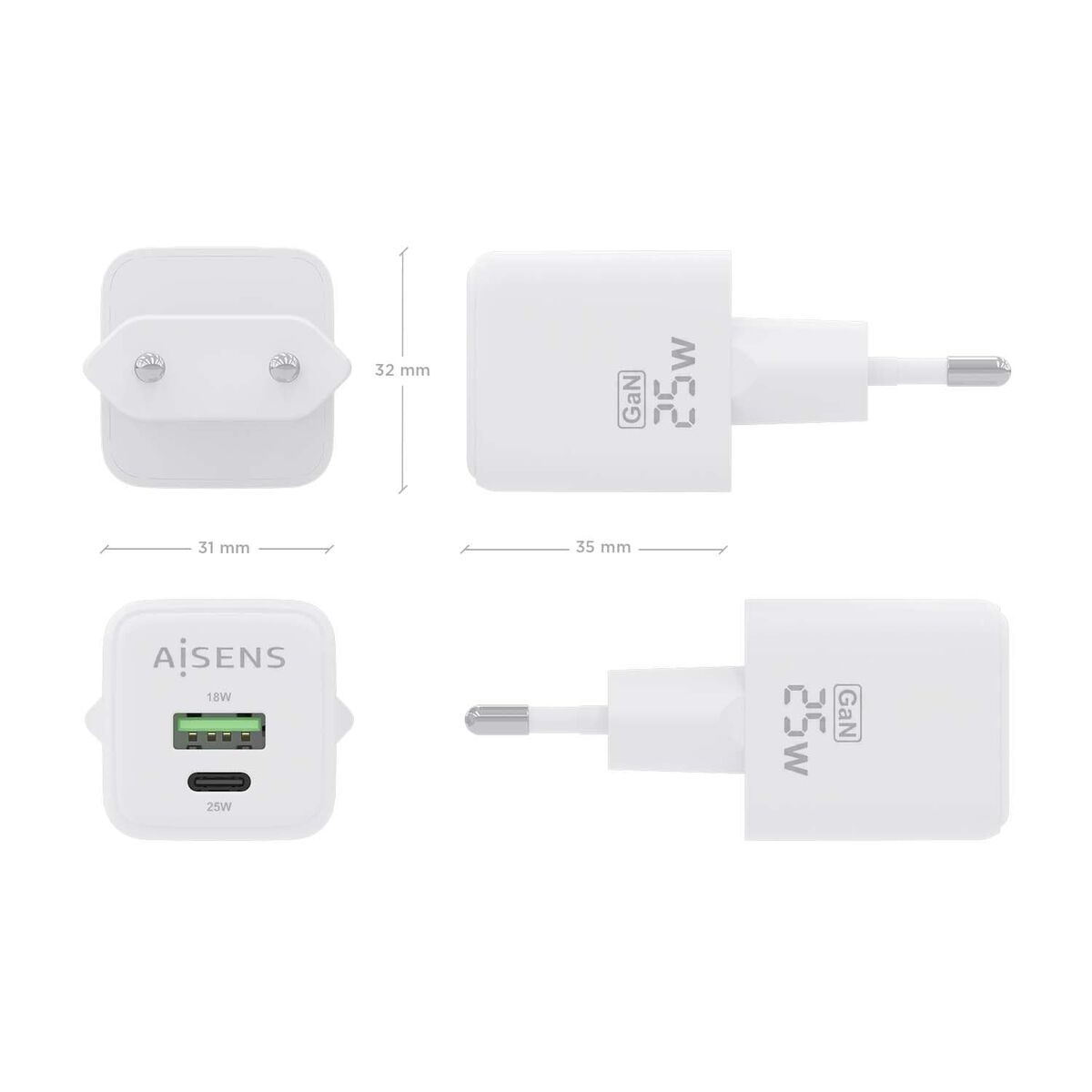 Wall Charger Aisens ASCH-25W2P014-W White Multicolour 25 W