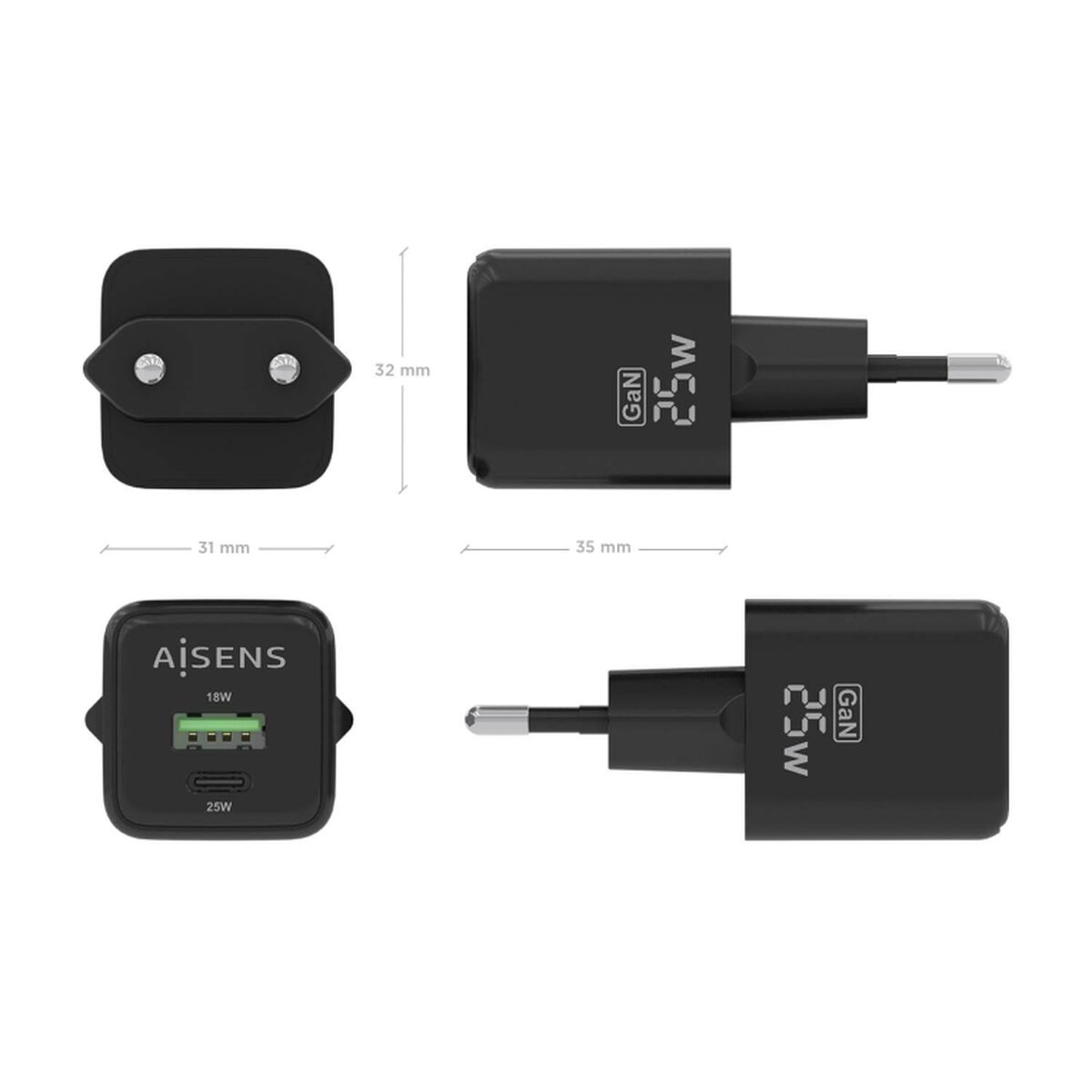 Wall Charger Aisens ASCH-25W2P015-BK Black Multicolour 25 W