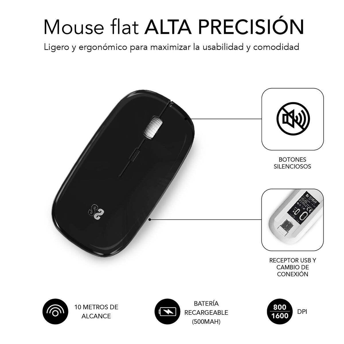 Picture of Wireless Bluetooth Mouse Subblim SUBMO-DFLAT20 Black 1600 dpi