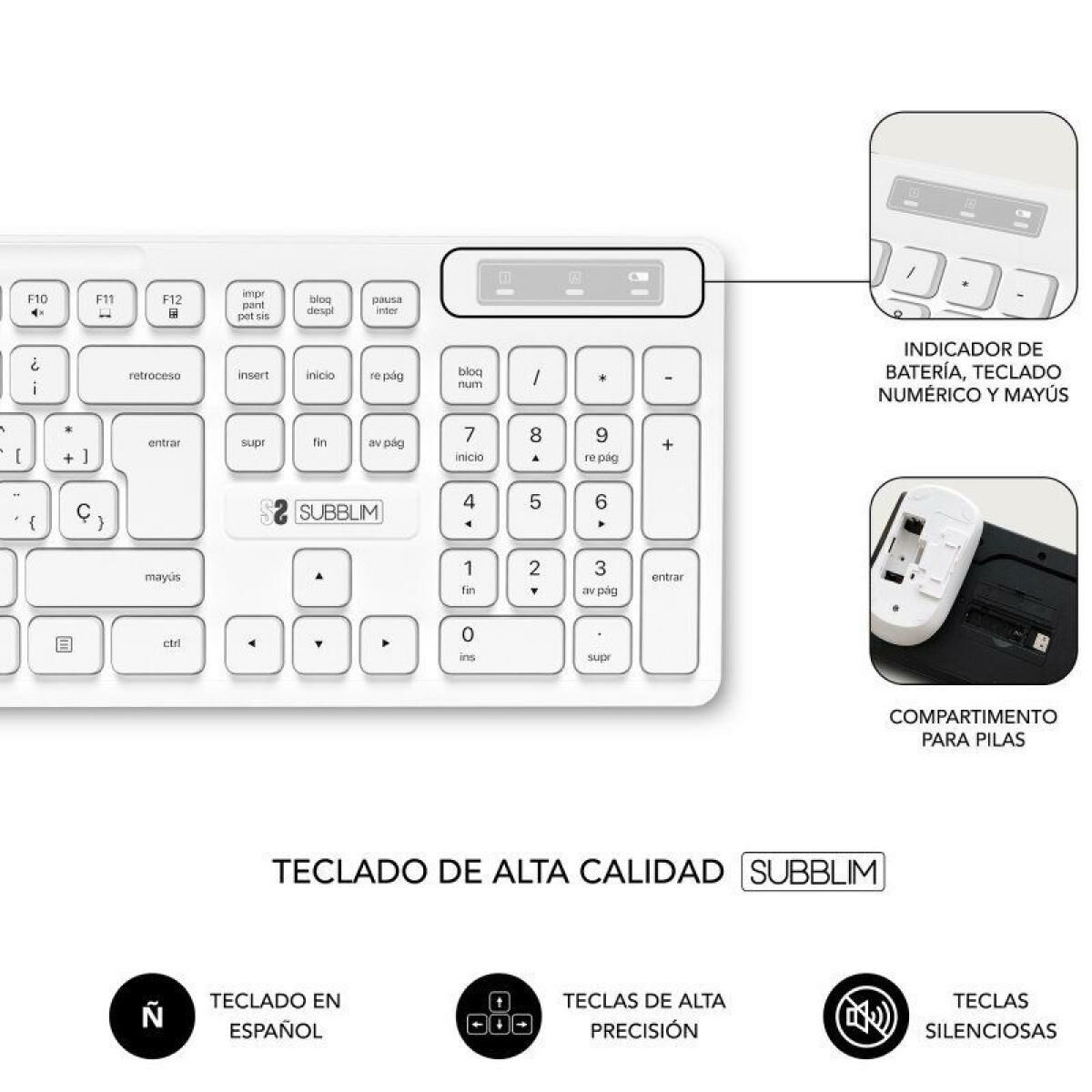 Picture of Keyboard and Wireless Mouse Subblim SUBKBC-CSSW11 White Spanish Qwerty