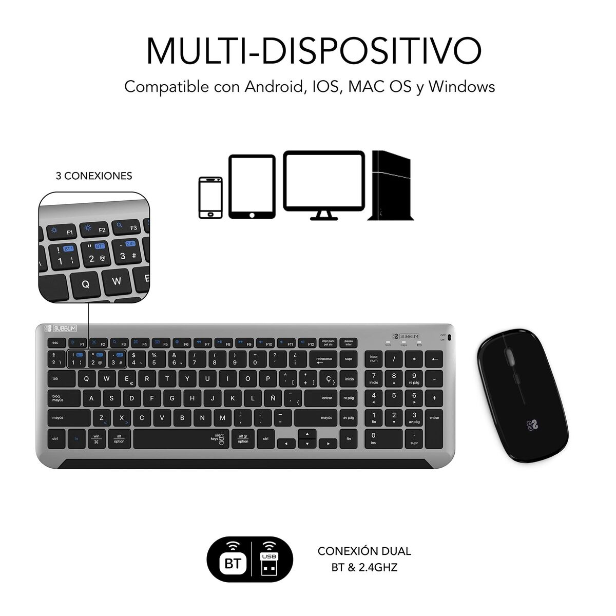 Picture of Keyboard and Wireless Mouse Subblim SUBKBC-DCEP20 Grey Spanish Qwerty