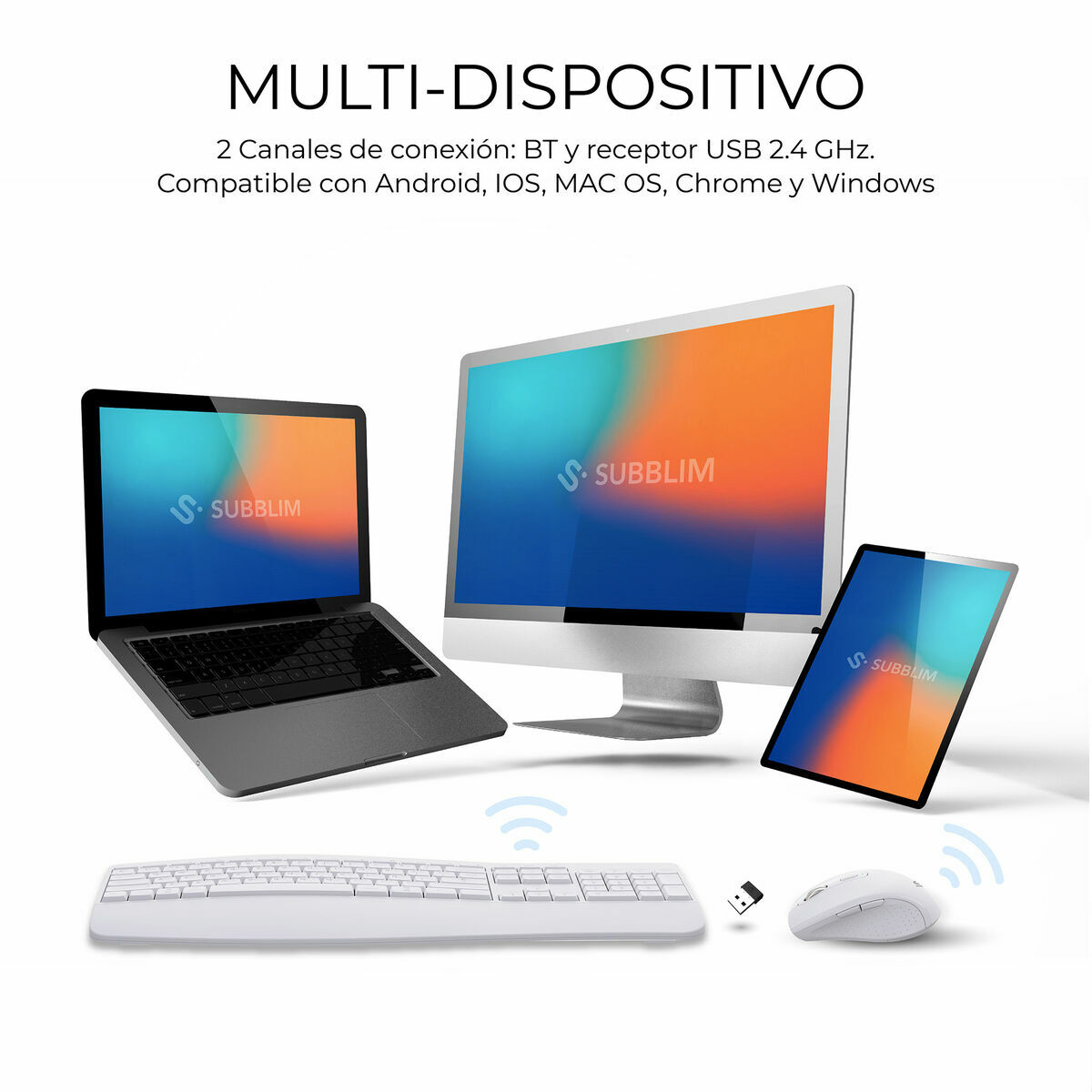 Picture of Keyboard and Mouse Subblim OFFICE PROWAVE White Spanish Qwerty QWERTY