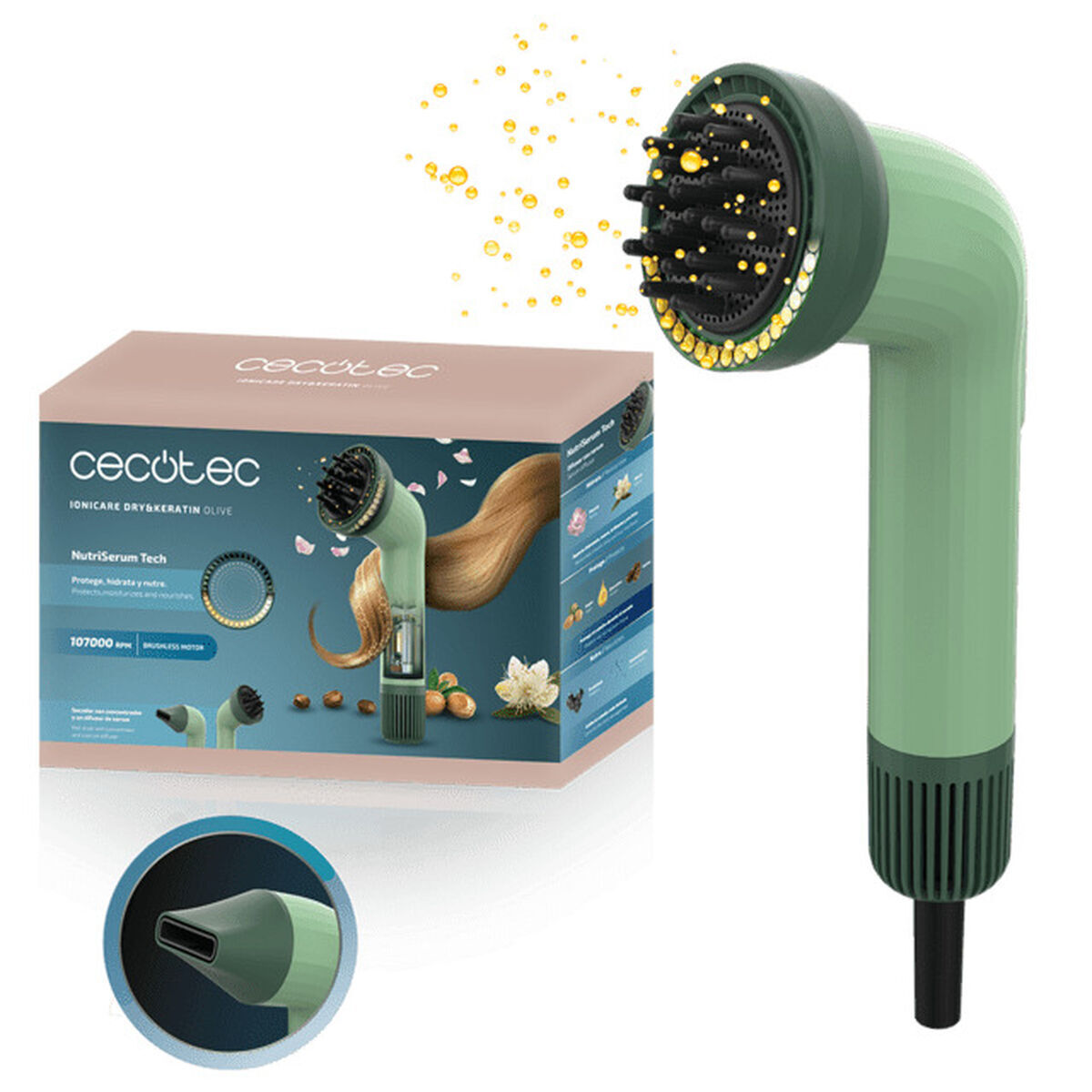 Cecotec Secador de Pelo IoniCare Dry&Keratin Olive 1200W iónico, verde, NutriEssence