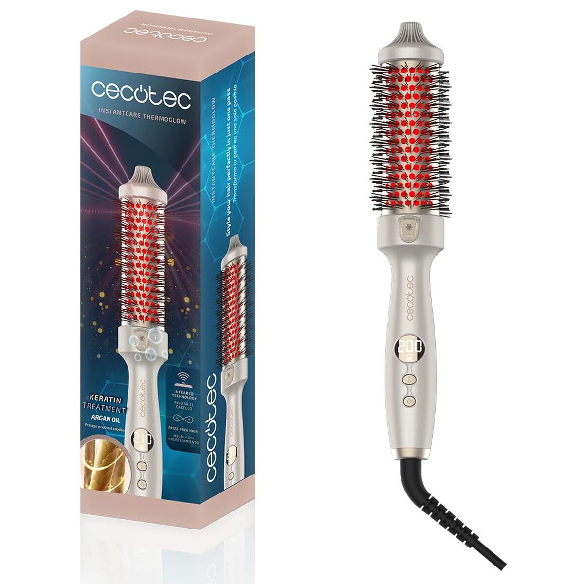 Cecotec Cepillo Alisador InstantCare ThermoGlow, 5 Temp, Infrarrojos, Iónico, 38mm, Pantalla