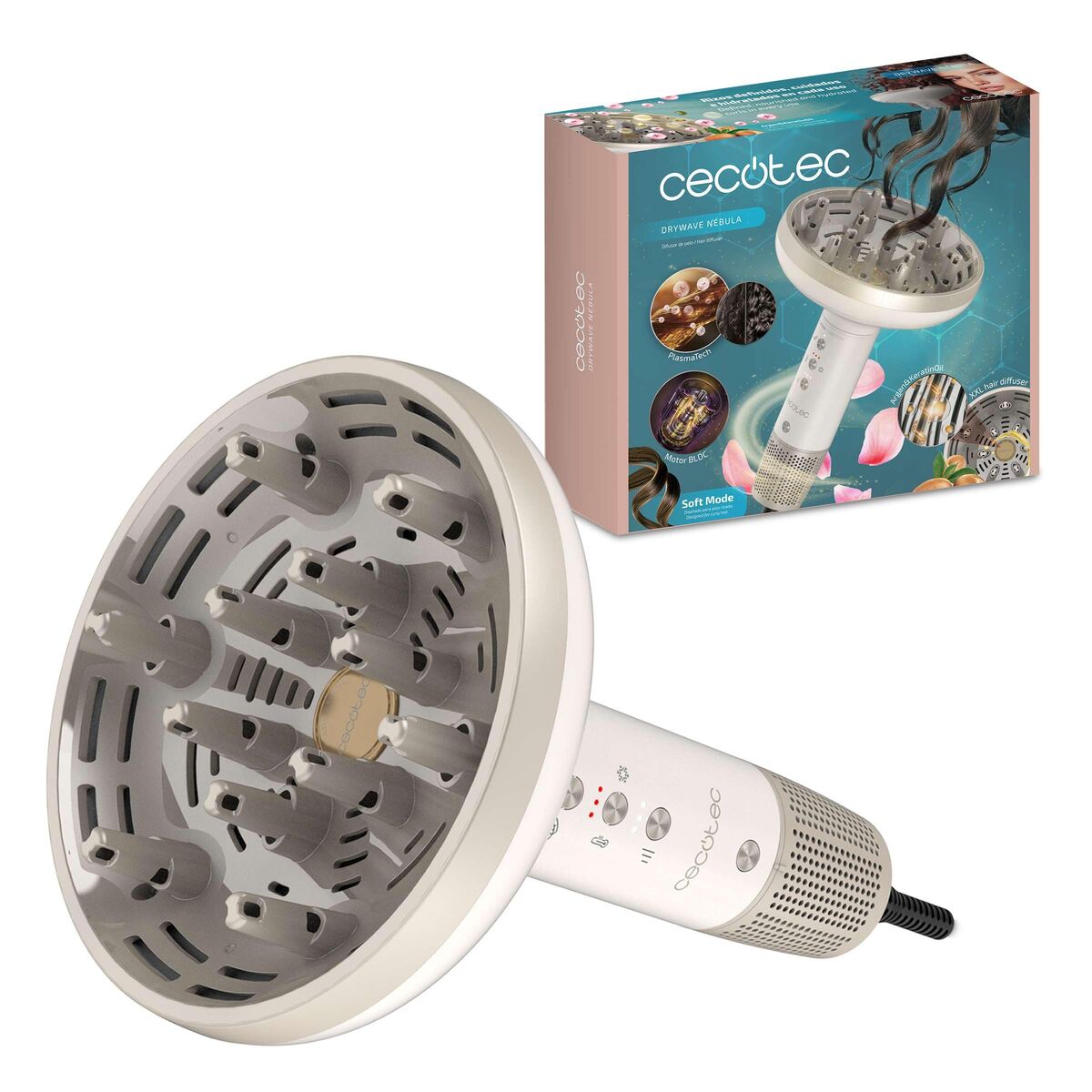 Cecotec Secador de pelo con difusor DryWave Nébula 1300W BLDC PlasmaTech rizos definidos