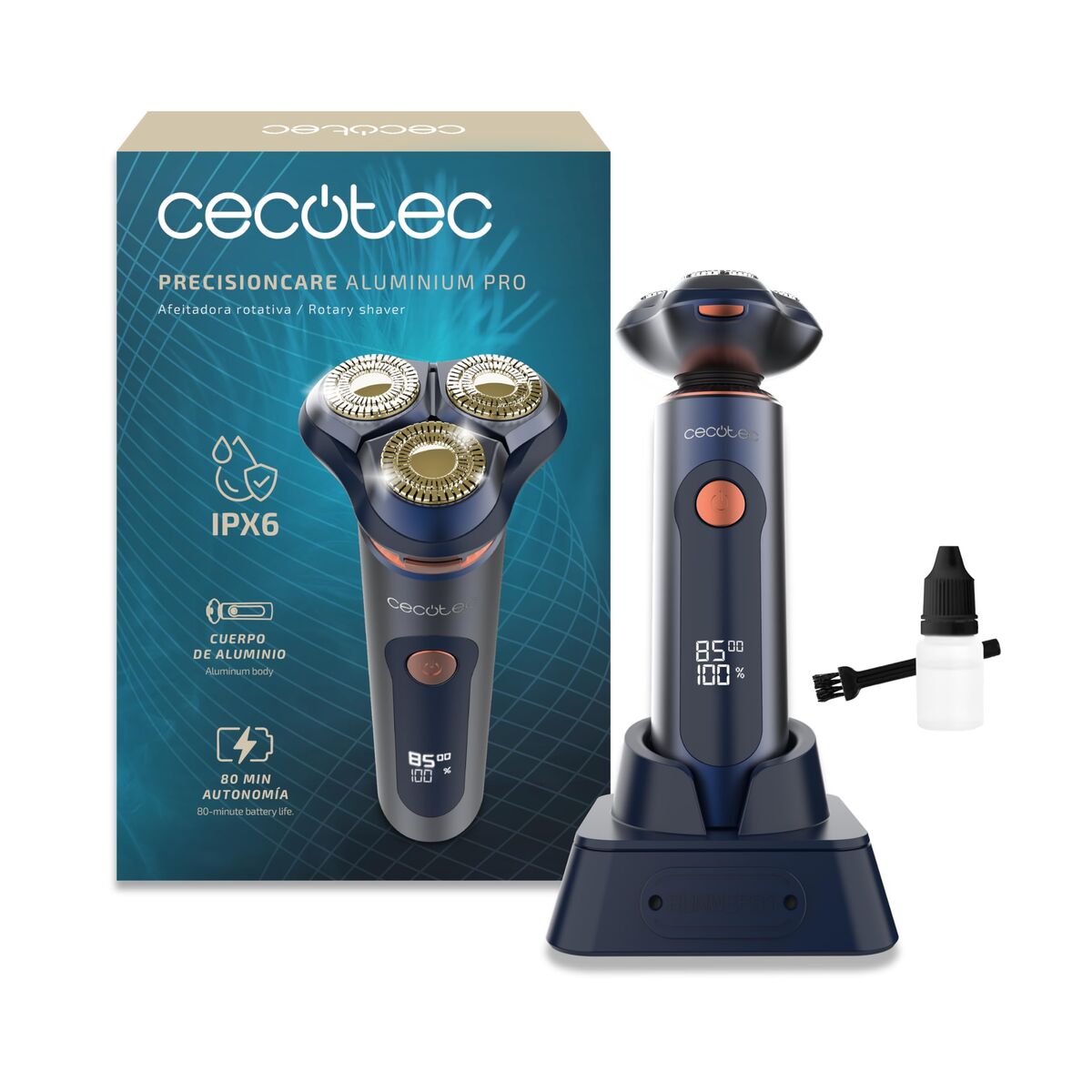 Cecotec Afeitadora eléctrica PrecisionCare Aluminium Pro azul titanio LCD 80min IPX6 base