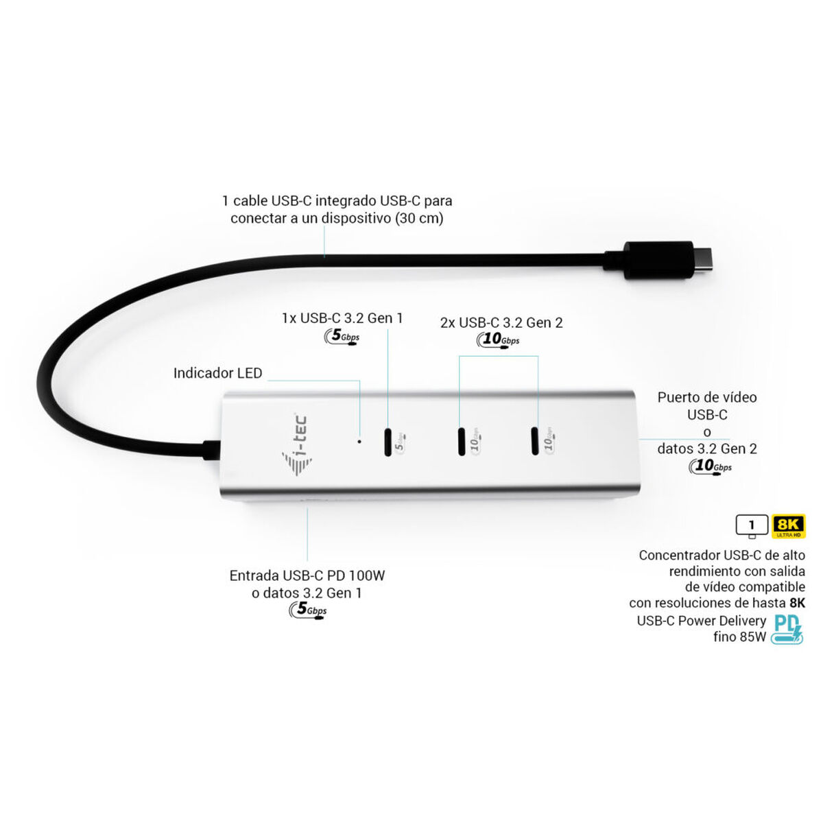 Picture of USB Hub i-Tec C31HUBMETAL8KPDPRO Silver
