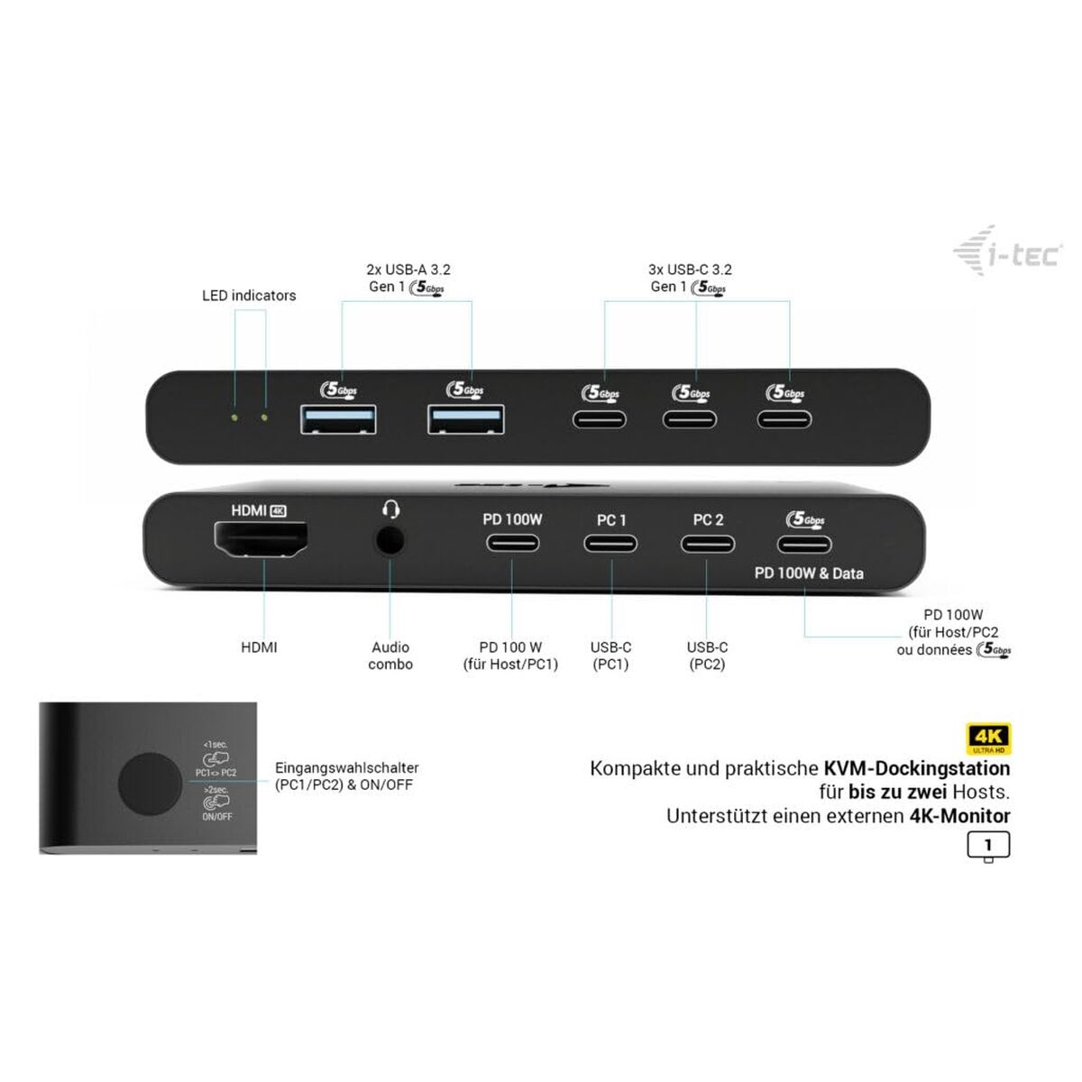 Image de USB Hub i-Tec C31KVMHDMIDOCKPD Black 100 W