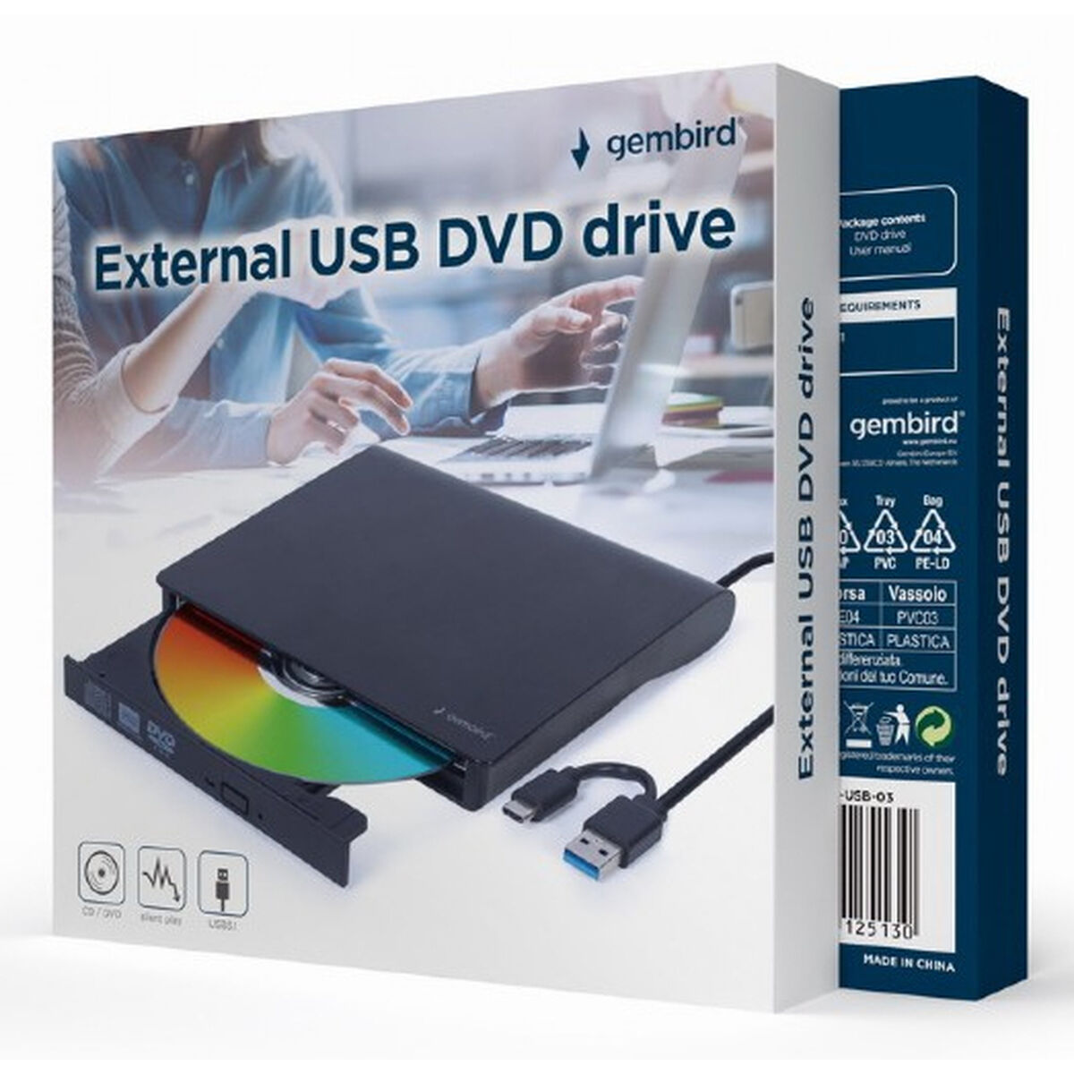 Afbeeldingen van External Recorder GEMBIRD DVD-USB-031 DVD-R 8x, DVD-R DL 6x, DVD-RW 6x, DVD-RAM 5x, DVD+R 8x, DVD+R DL 6x, DVD+RW 8x, DVD M-DISC