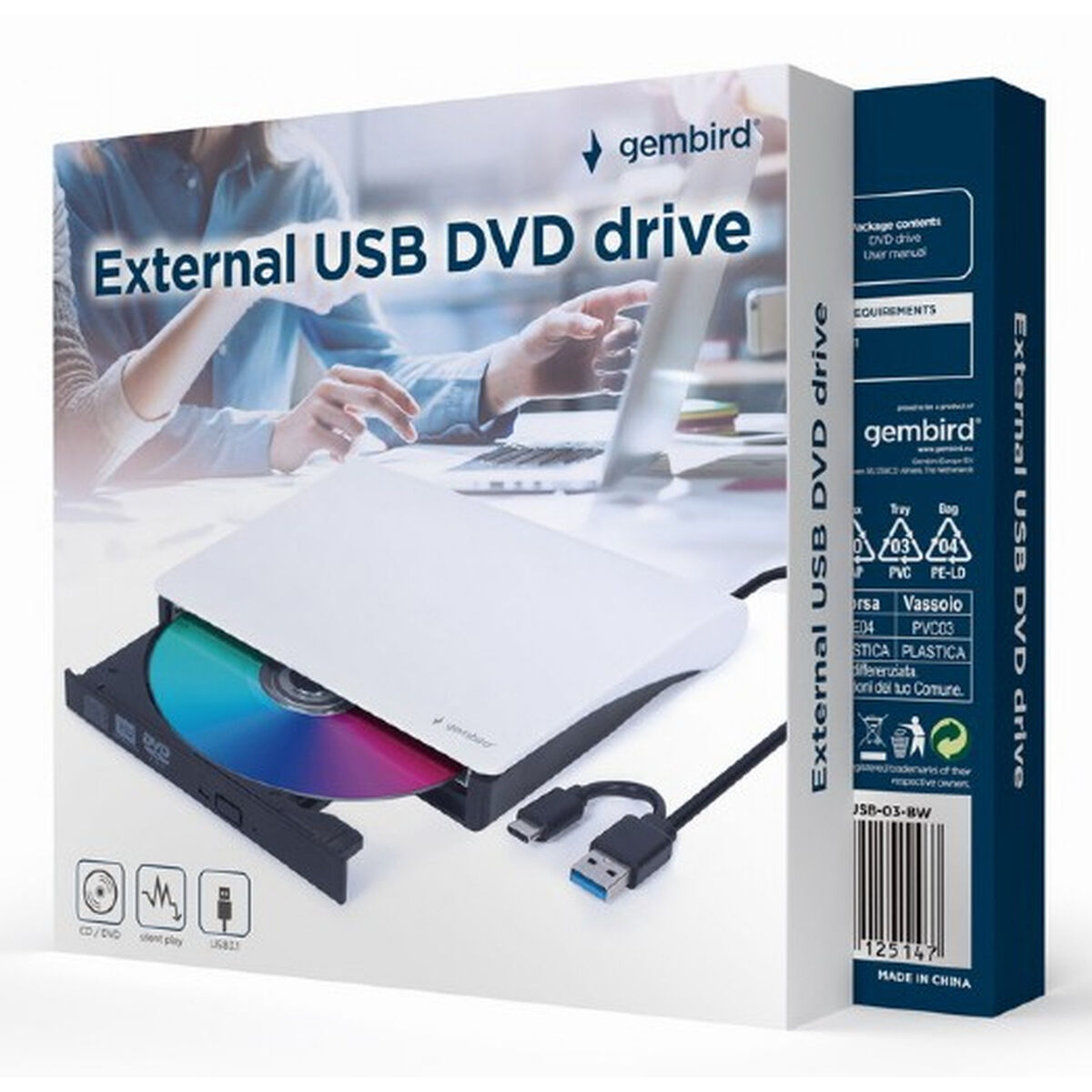 Afbeeldingen van External Recorder GEMBIRD DVD-USB-031-BW DVD-R 8x, DVD-R DL 8x, DVD-RW 8x, DVD-ROM 8x, DVD-RAM 5x, DVD+R 8x, DVD+R DL 8x, DVD+RW