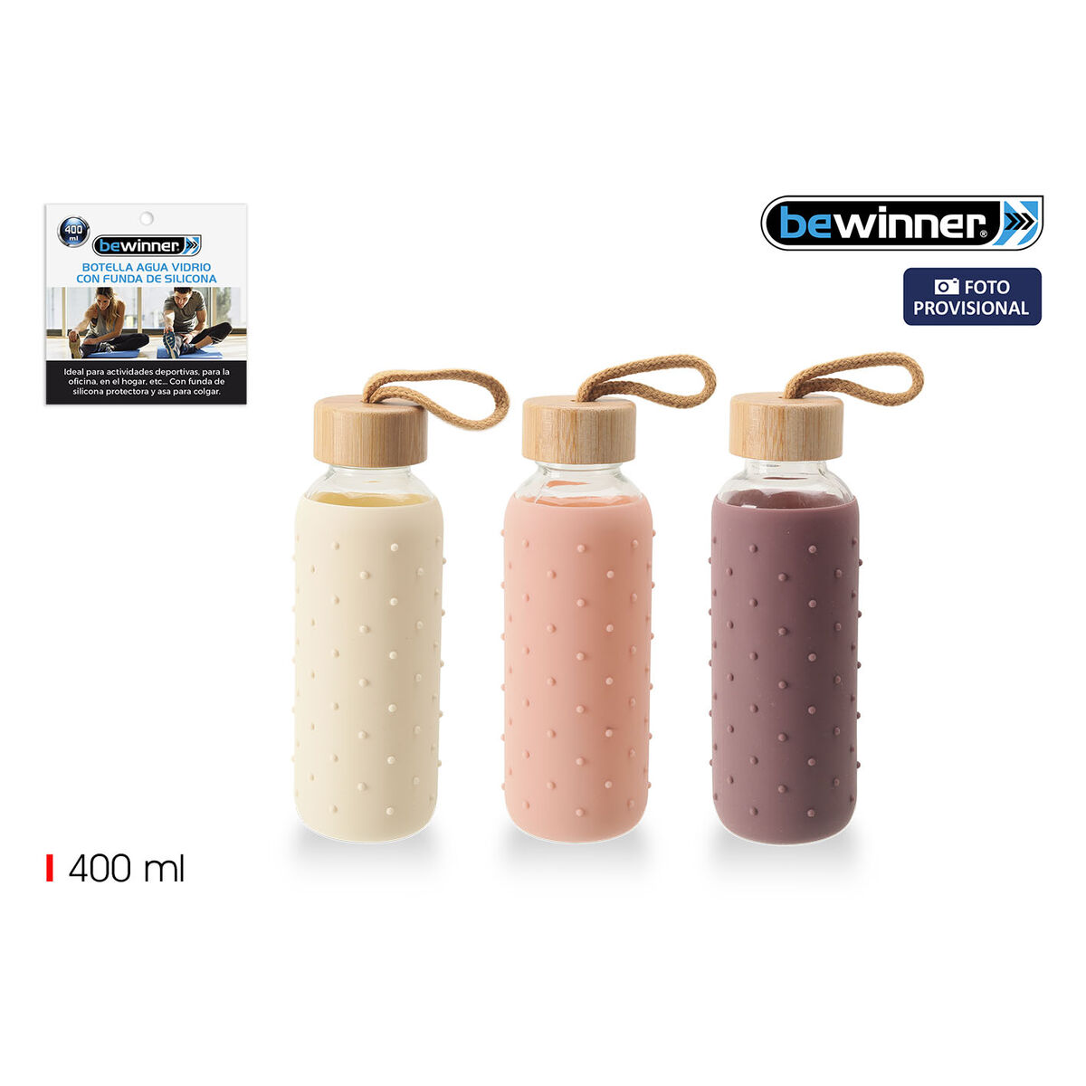 Image secondaire de Bouteille d'eau Bewinner verre Silicone 400 ml 7 x 7 x 19,8 cm (24 Unités)