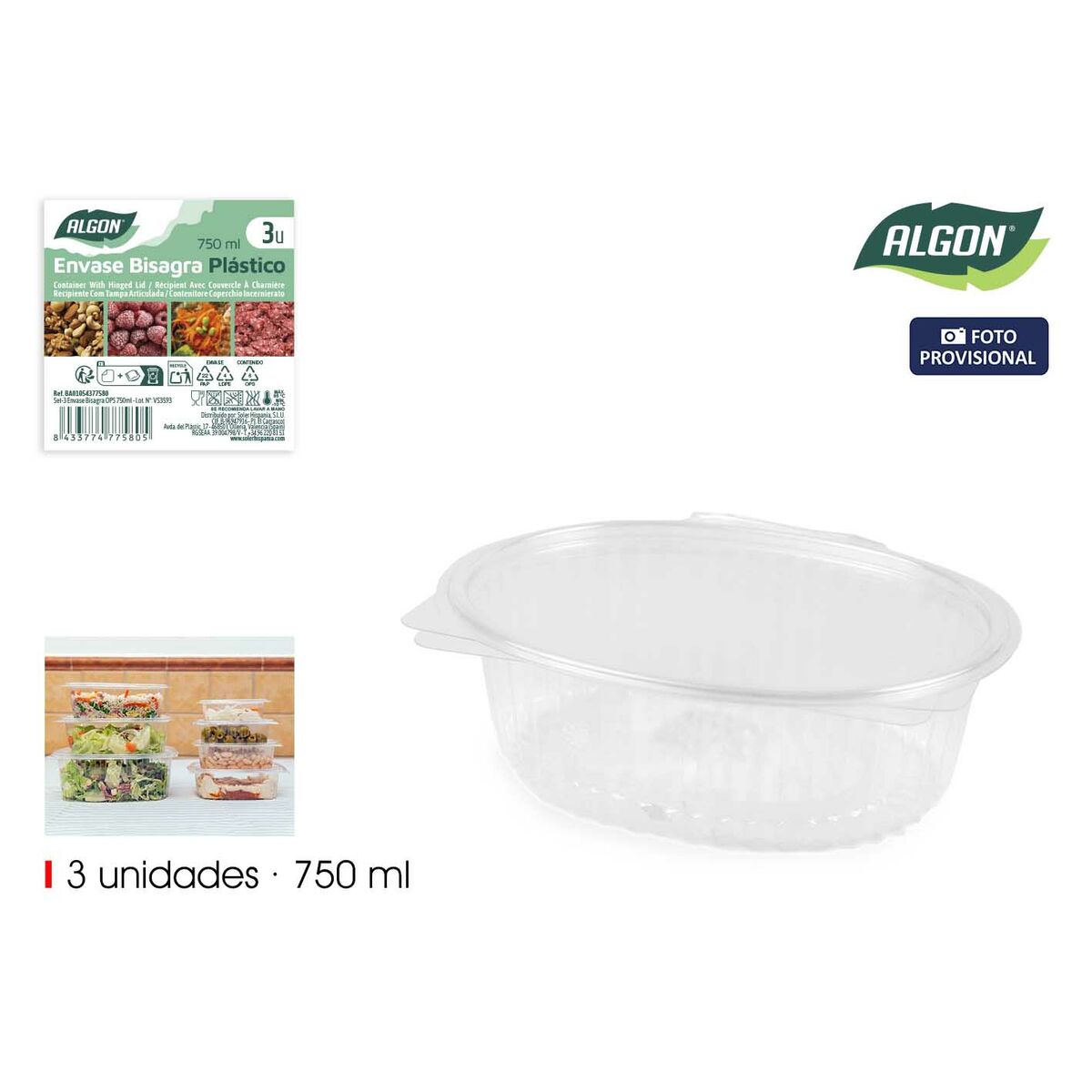 Image secondaire de Plateaux alimentaires réutilisables Algon OPS 750 ml 18,7 x 15,3 x 5 cm (3 Pièces) (24 Unités)