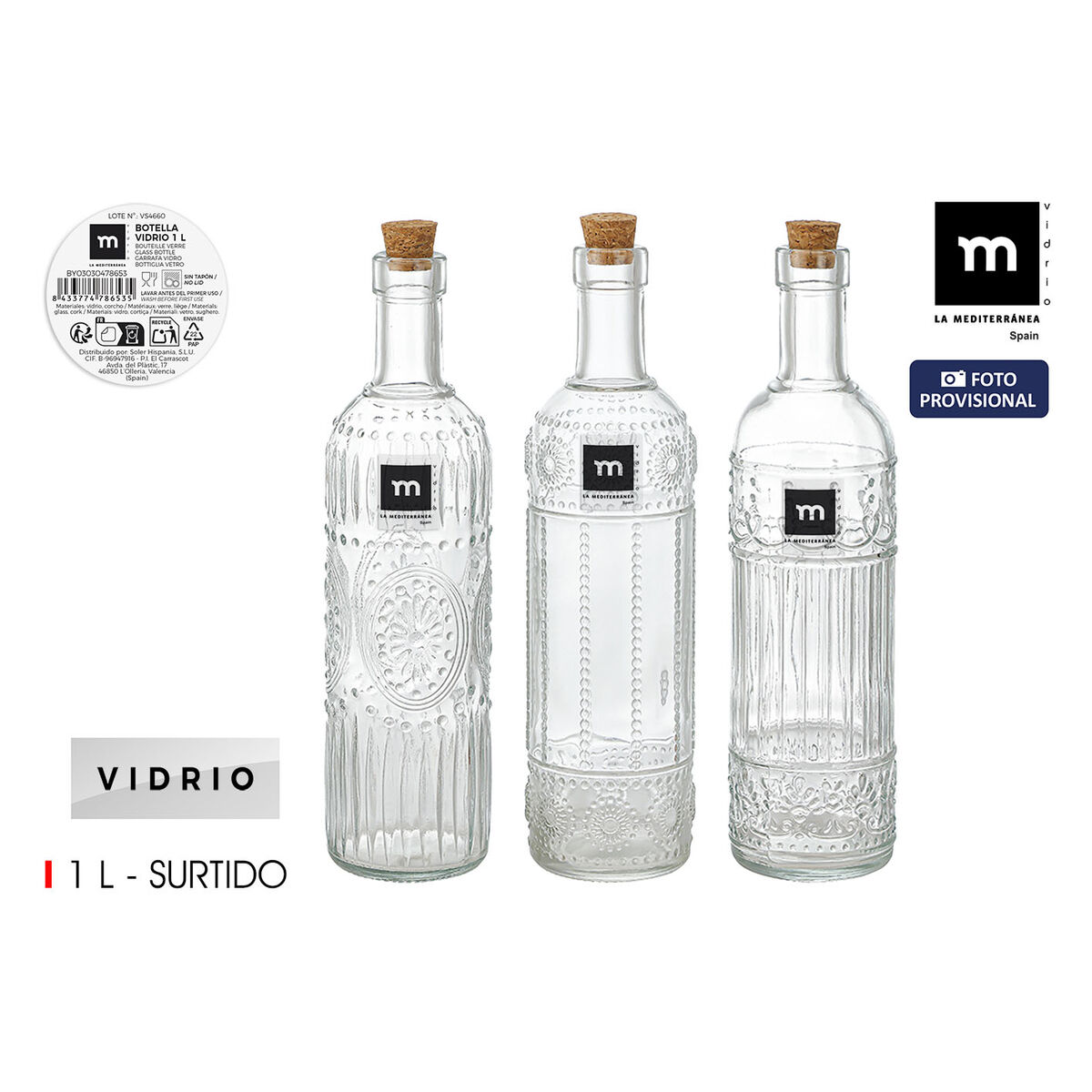Glass Bottle La Mediterránea Transparent Cork Glass 1 L (12 Units)